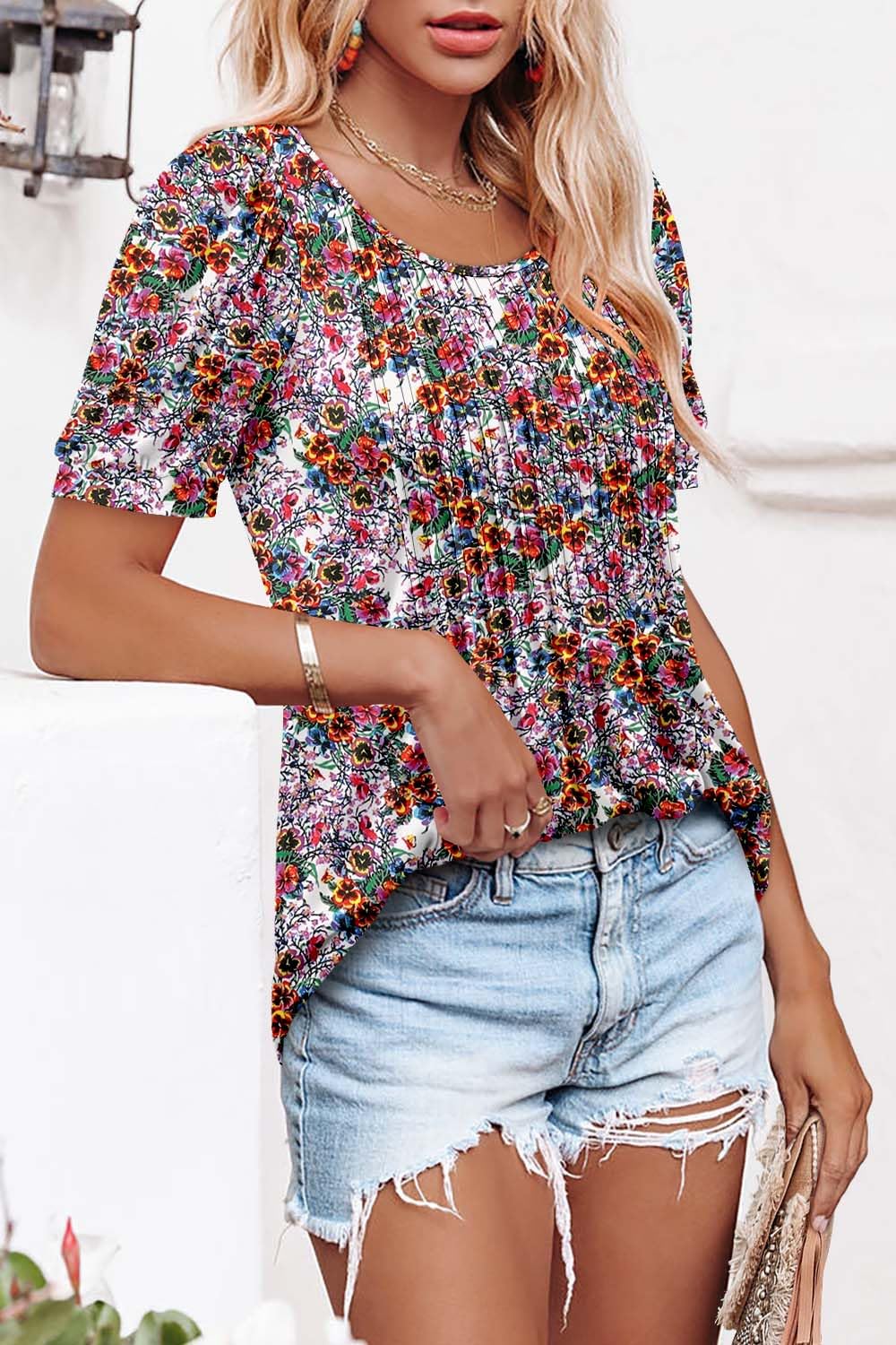 BETTE BOUTIK womens short sleeve tunic tops floral summer crewneck puff sleeve blouses for women Passionflower Medium