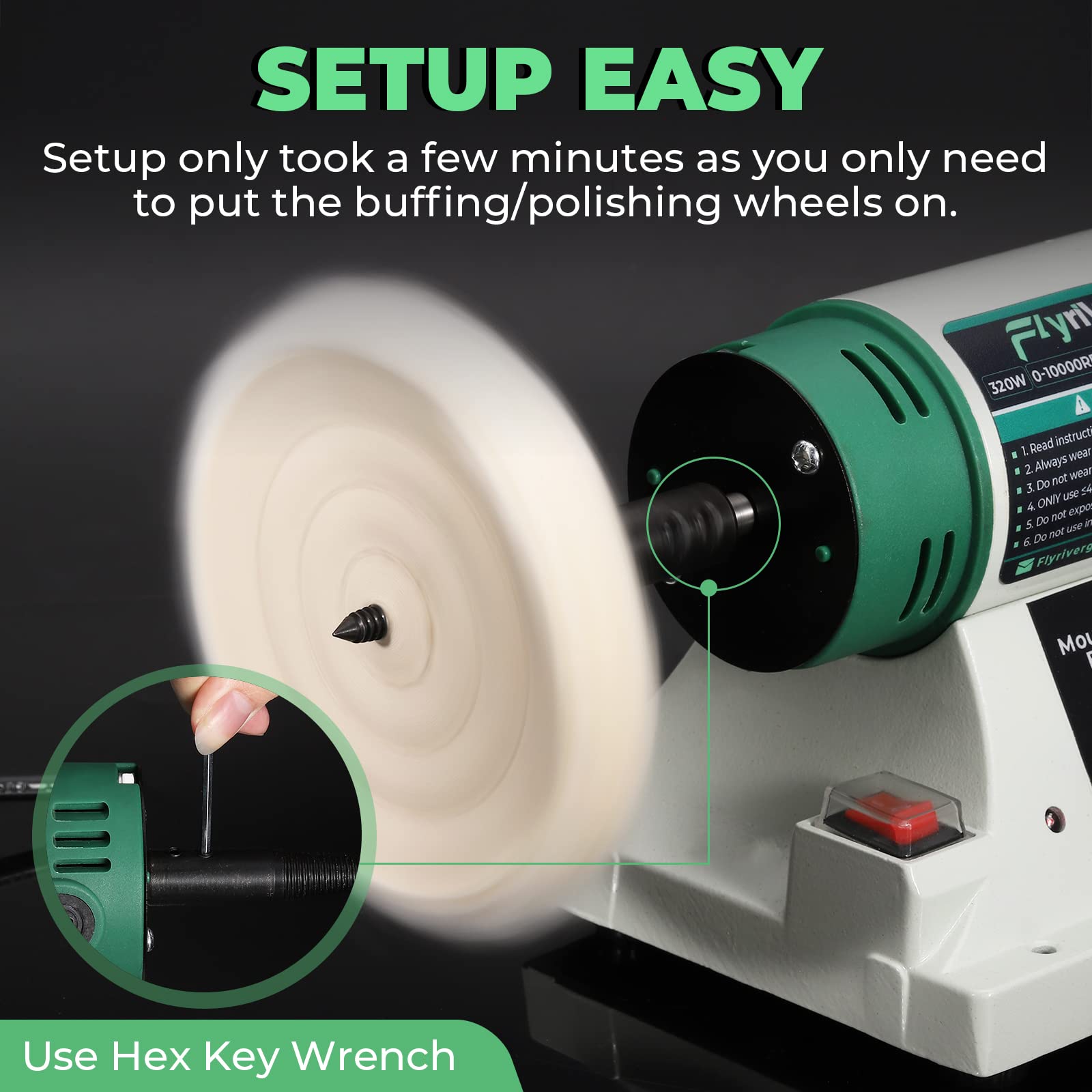 Flyrivergo Bench Buffer Polisher, Jewelry Polisher, Adjustable Variable Speed Bench Buffer, with 2 Cotton Wheels, 2 Fiber Wheels, 1 Drill Chuck and 1 Set of Polishing Buffing Wheel for Silver, Metal