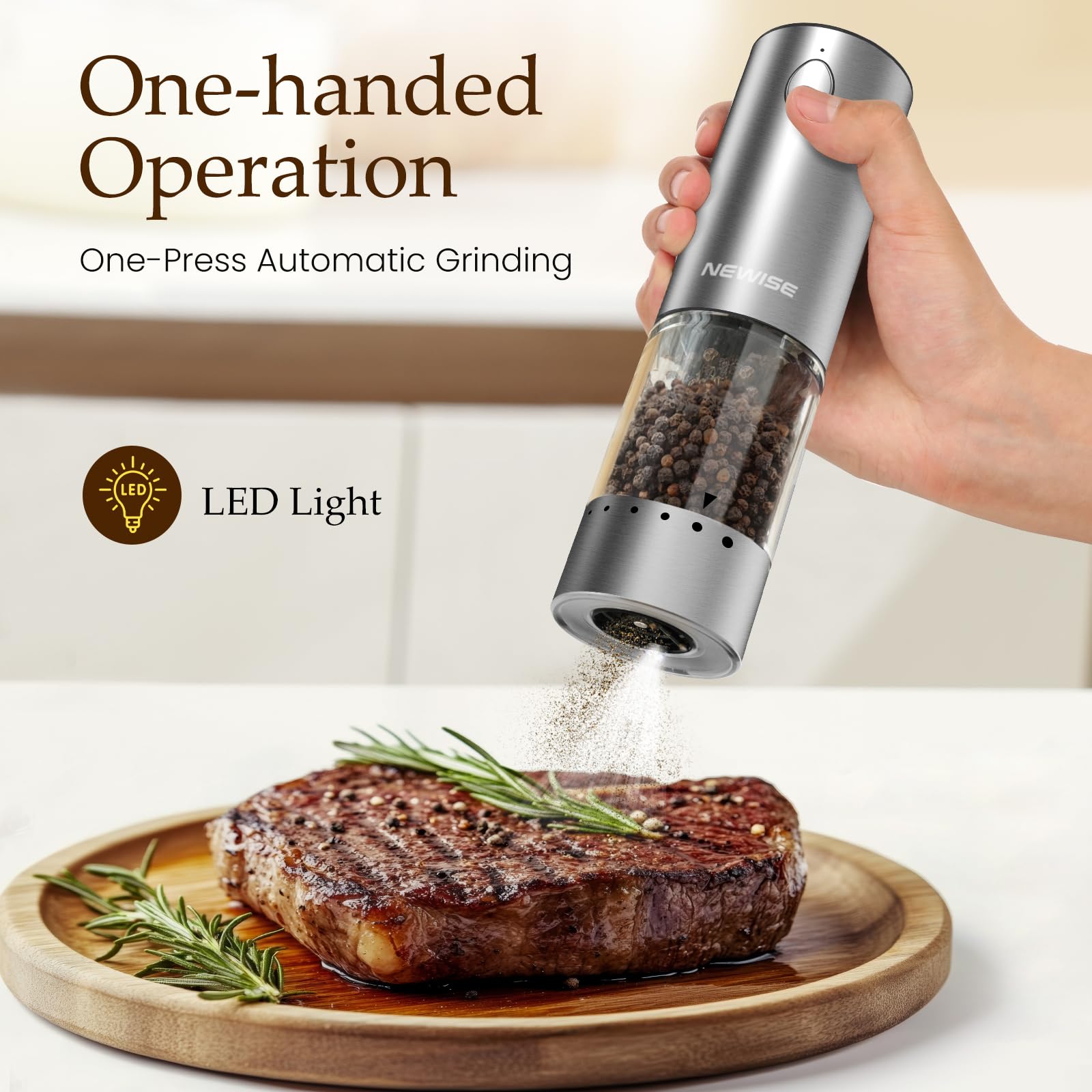 Newise Electric Salt and Pepper Grinder Set - Birthday Kitchen Gifts for Women, Mom, Rechargeable with LED Lights, Stainless Steel Automatic Mill, Adjustable Coarseness, Large Capacity, Silver