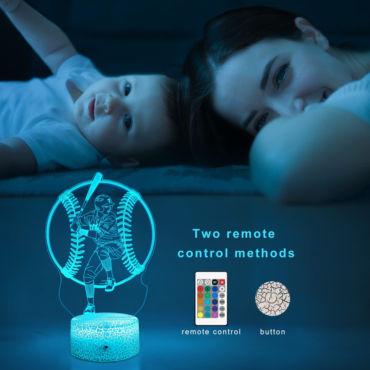 tqyydf Baseball Gift Illusion Night Light for Kids - 16 Colors & Flashing Modes with Remote Control Opreated Dimmable Christmas Birthday Gifts for Boys Girls Kids Children