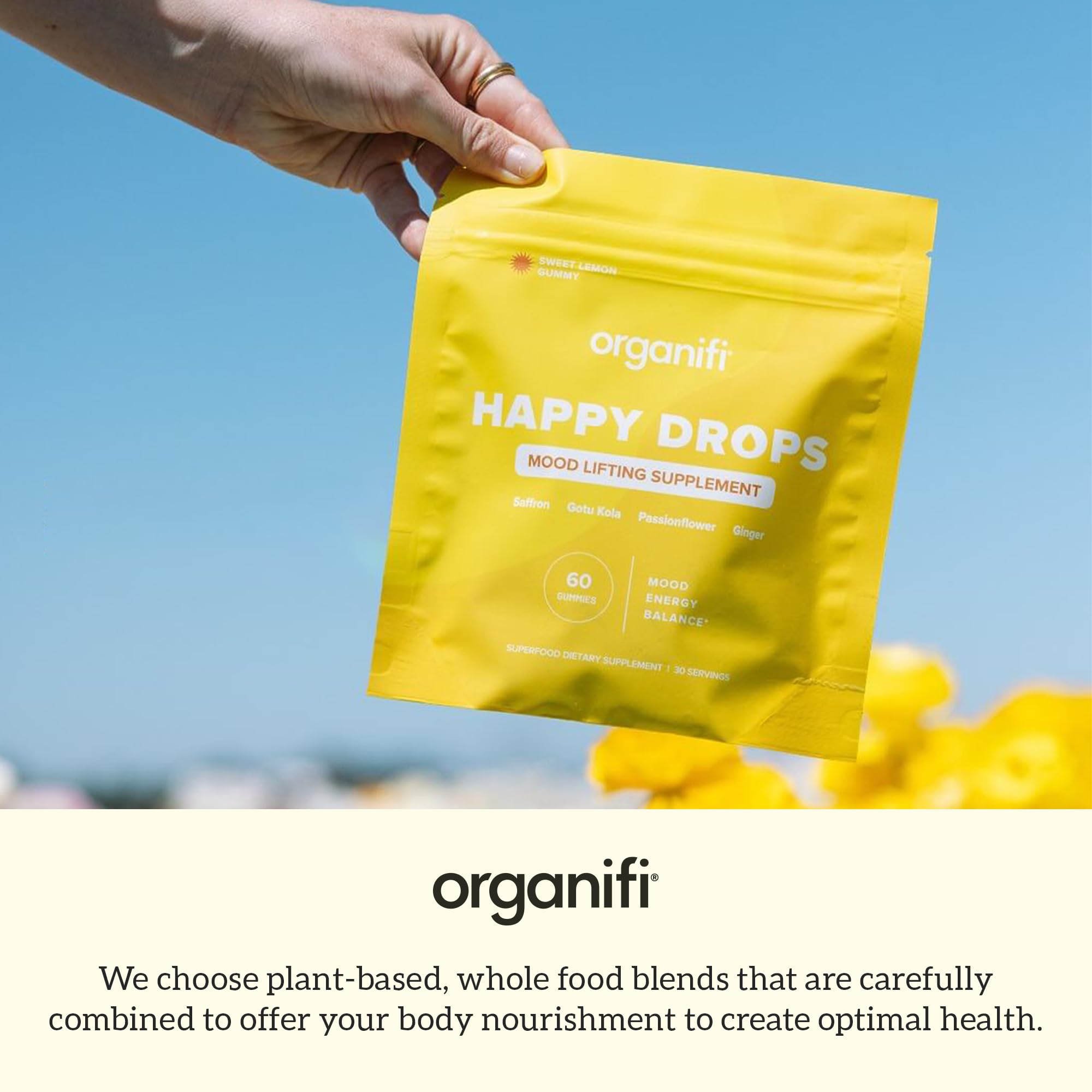 Organifi Happy Drops - Daily Superfood Happy Gummies for Adults - Mood Support Supplement for Balance, Bliss, Energy and Taking The Edge Off - Sweet Lemon Flavor - 60 Gummies