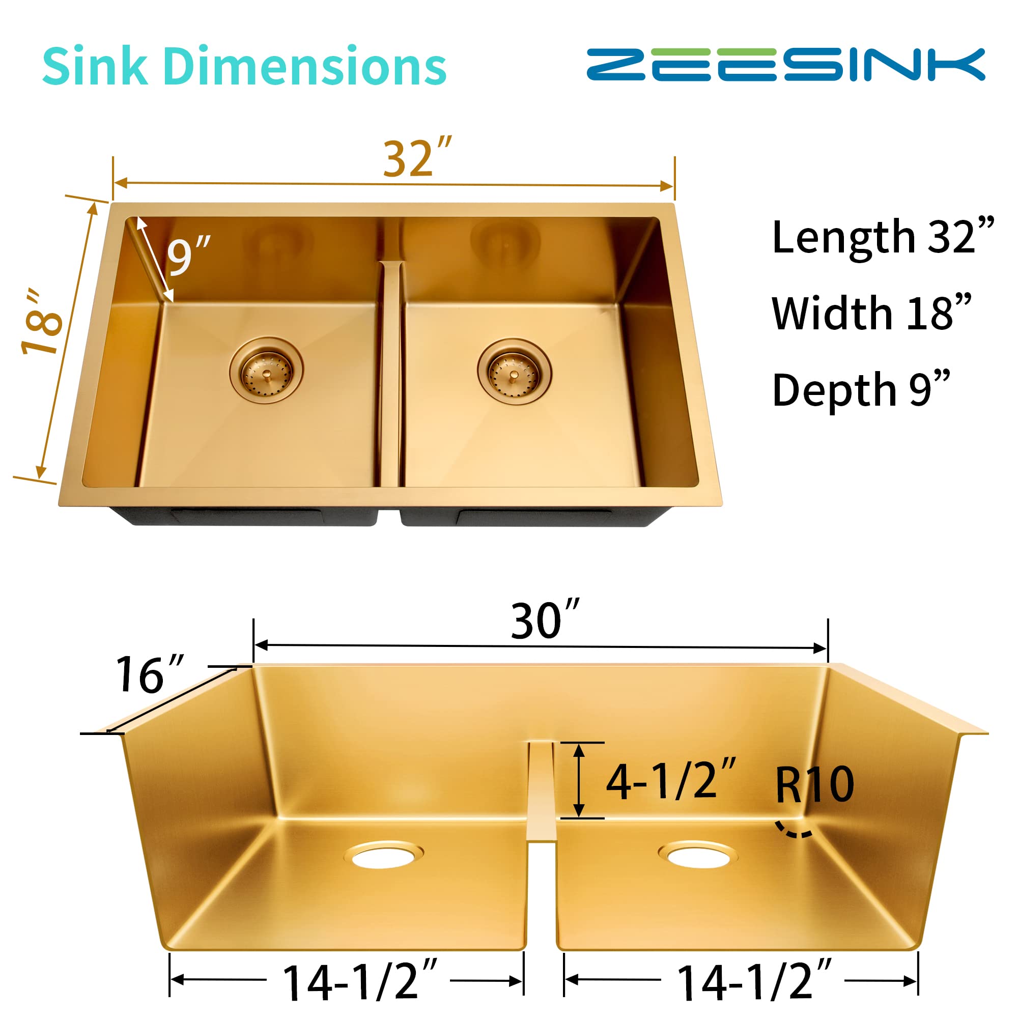 Zeesink Gold Undermount Kitchen Sink 32 X 18 inch,Double Bowl Kitchen Sinks,16 Gauge Stainless Steel Undermount Sink,Special Low-Divide Design