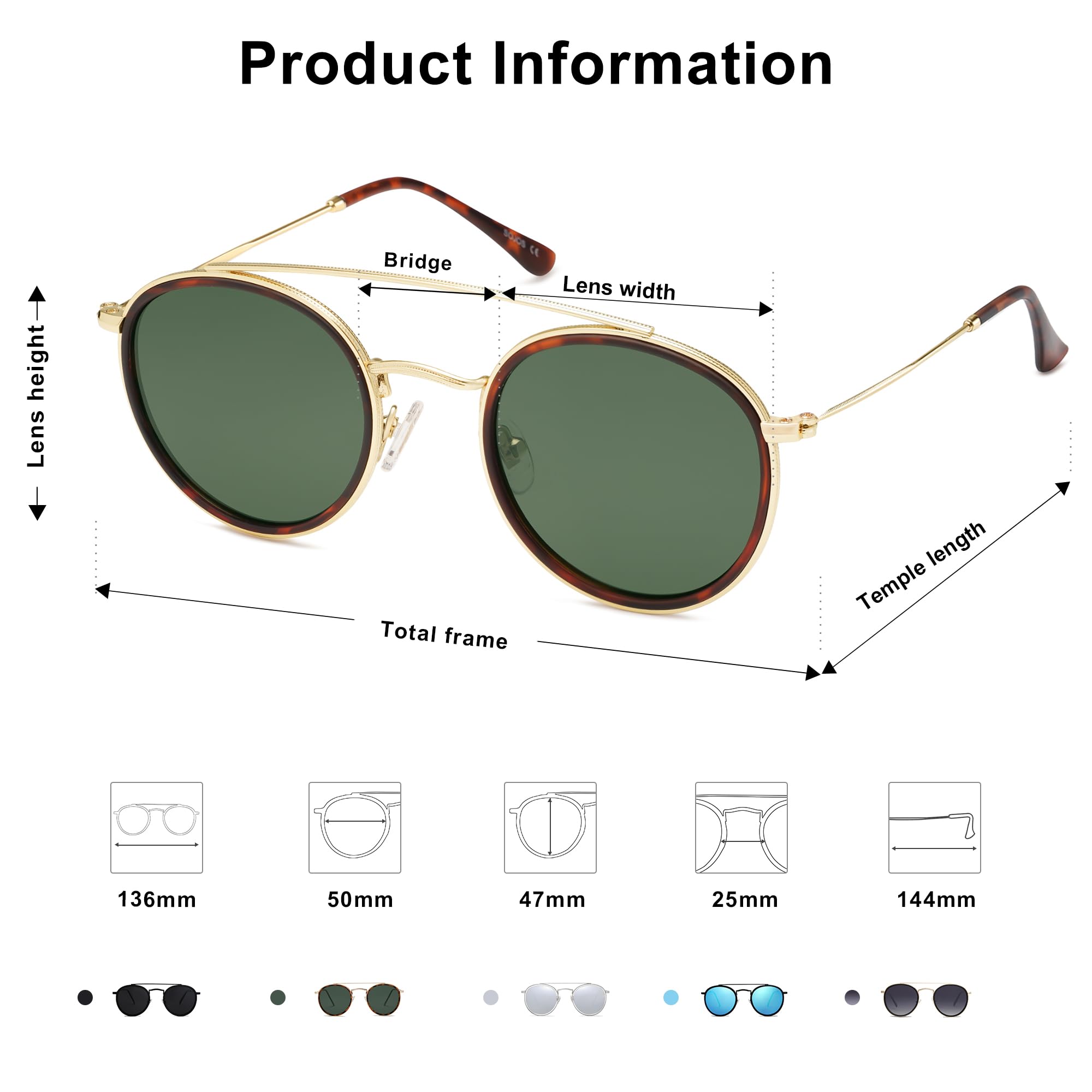 SOJOS Retro Vintage Round Polarized Sunglasses for Women Men Small Double Bridge Circle Sunnies SJ1104, Brown Tortoise/Green