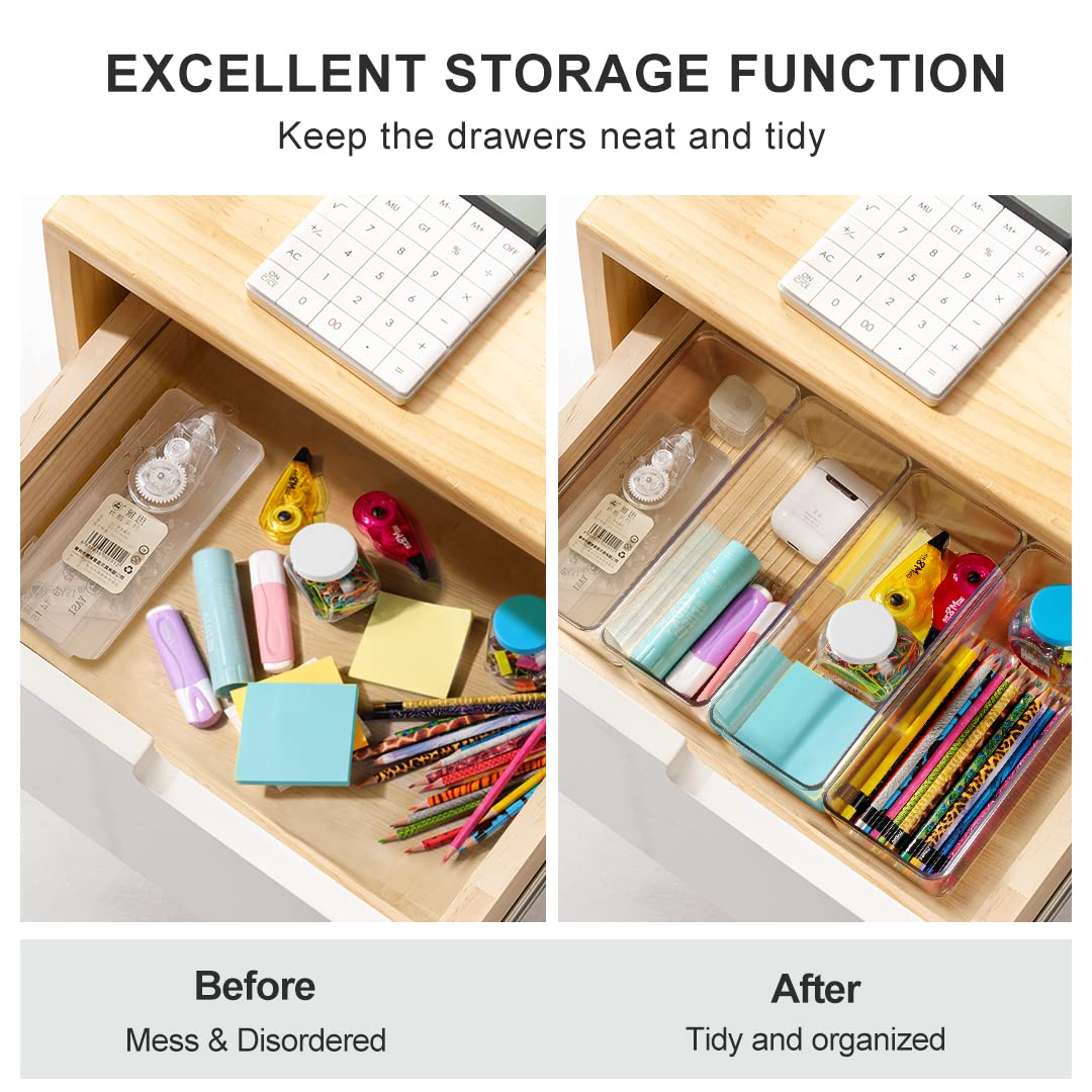 Hudgan 8 Pack Clear Plastic Drawer Organizer Bins Set, Stackable Cutlery Storage Bins Trays for Organizing Kitchen, Bathroom, Office, Crafts, Gadgets, Cabinet Supplies