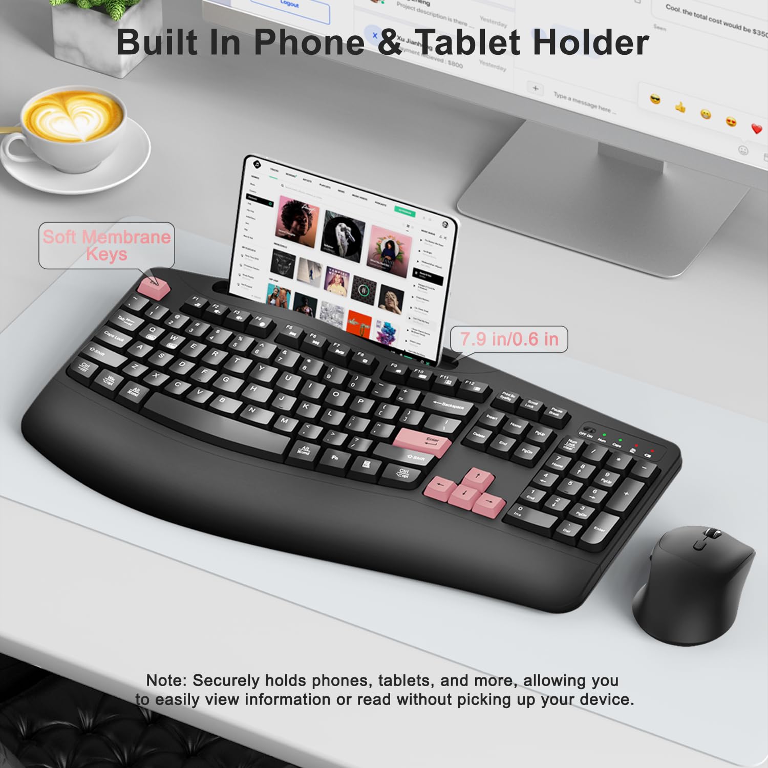 Wireless Keyboard and Mouse Combo, 2.4G Full Size Wave Keys Ergonomic Keyboard with Wrist Rest, Phone Holder, 3-Level DPI Wireless Silent Mouse with 6-Buttons, for Windows (Pink)