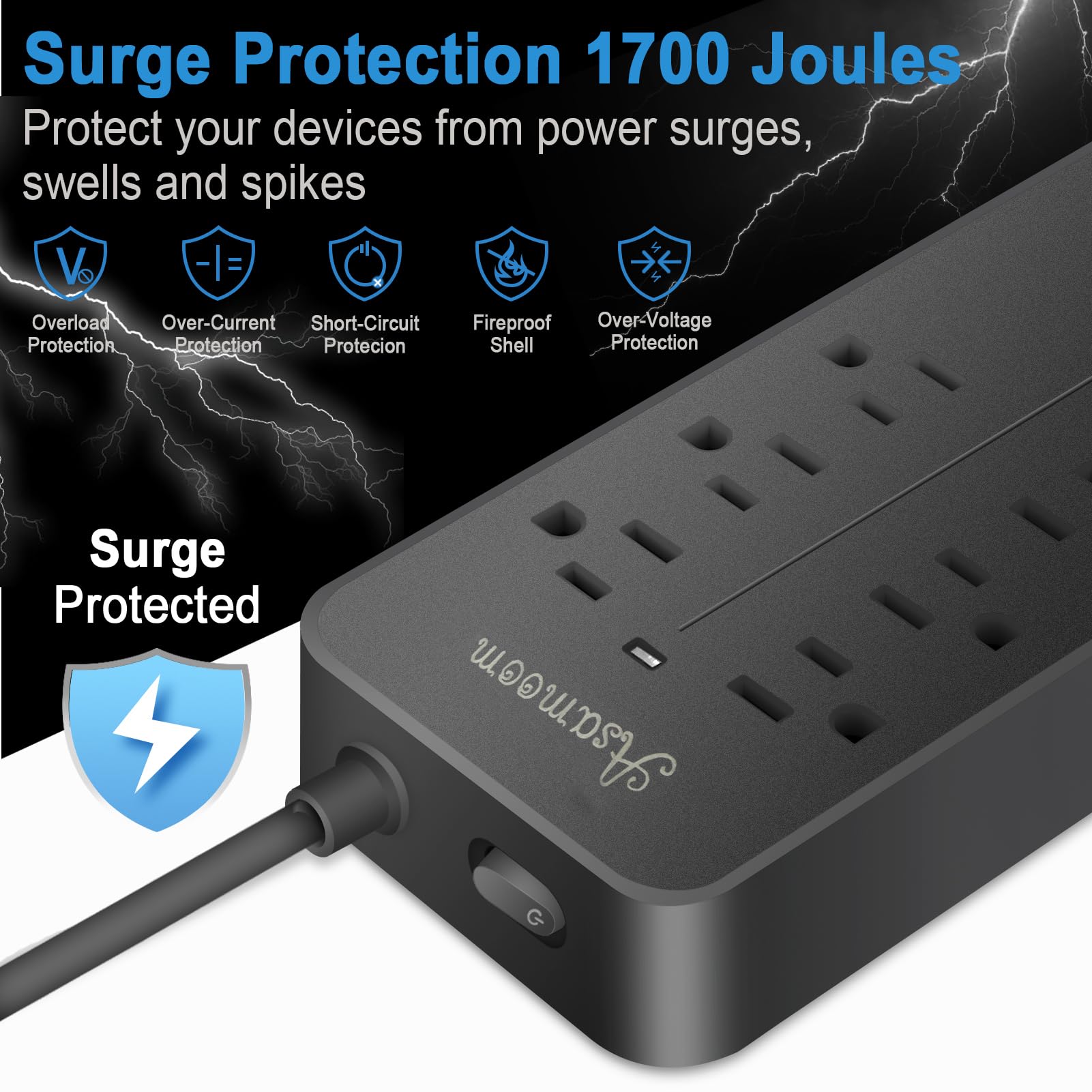 25FT Surge Protector Power Strip Extension Cord with USB C, Asamoom Flat Plug Power Strip with Long Cord, 8 Outlets and 3 USB A & 1 USB-C Port,1700J Wall Mount Desk Power Strip for Home Office Black
