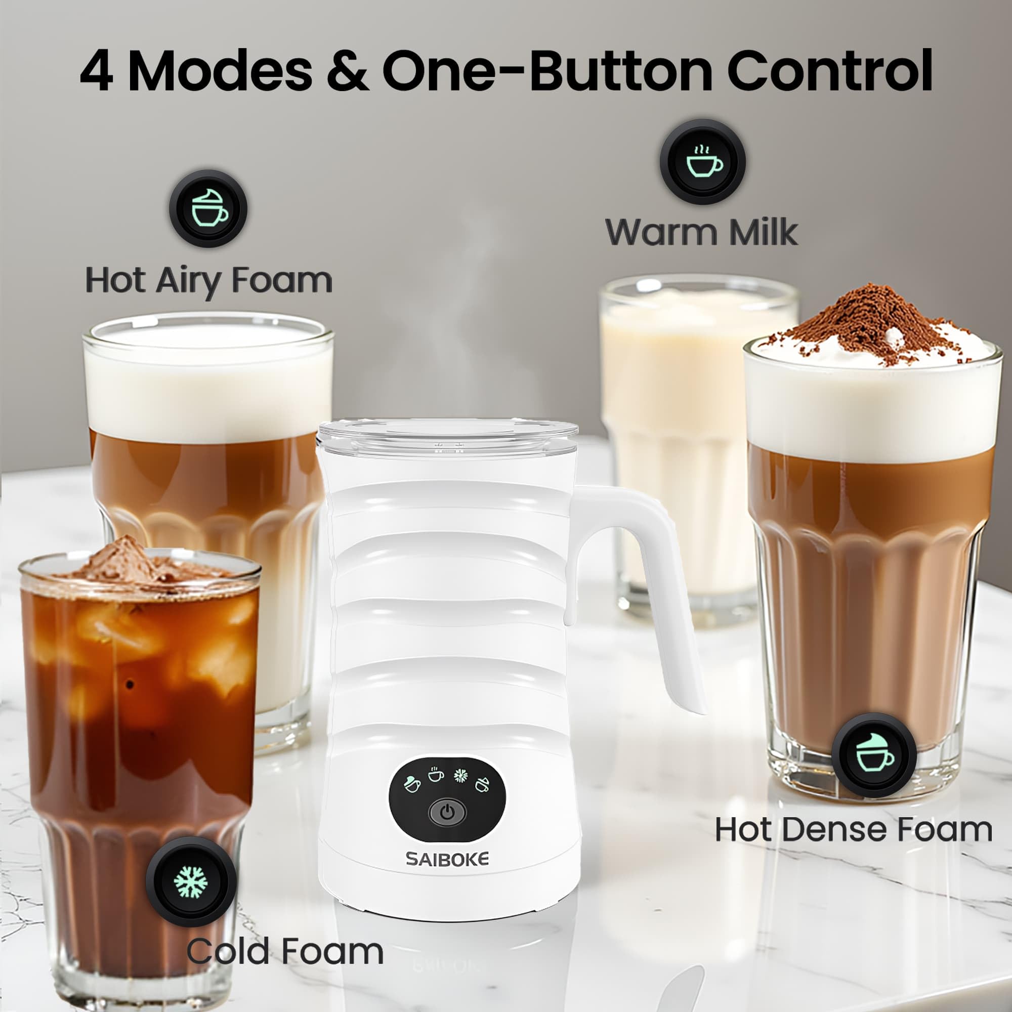 Milk Frother, SAIBOKE 4-in-1 Electric Milk Steamer,Automatic Hot & Cold Foam Maker, 11.80oz/350ml Milk Warmer for Latte, Cappuccinos, Macchiato. Ultra-Quiet Working & Automatic Shut Off.