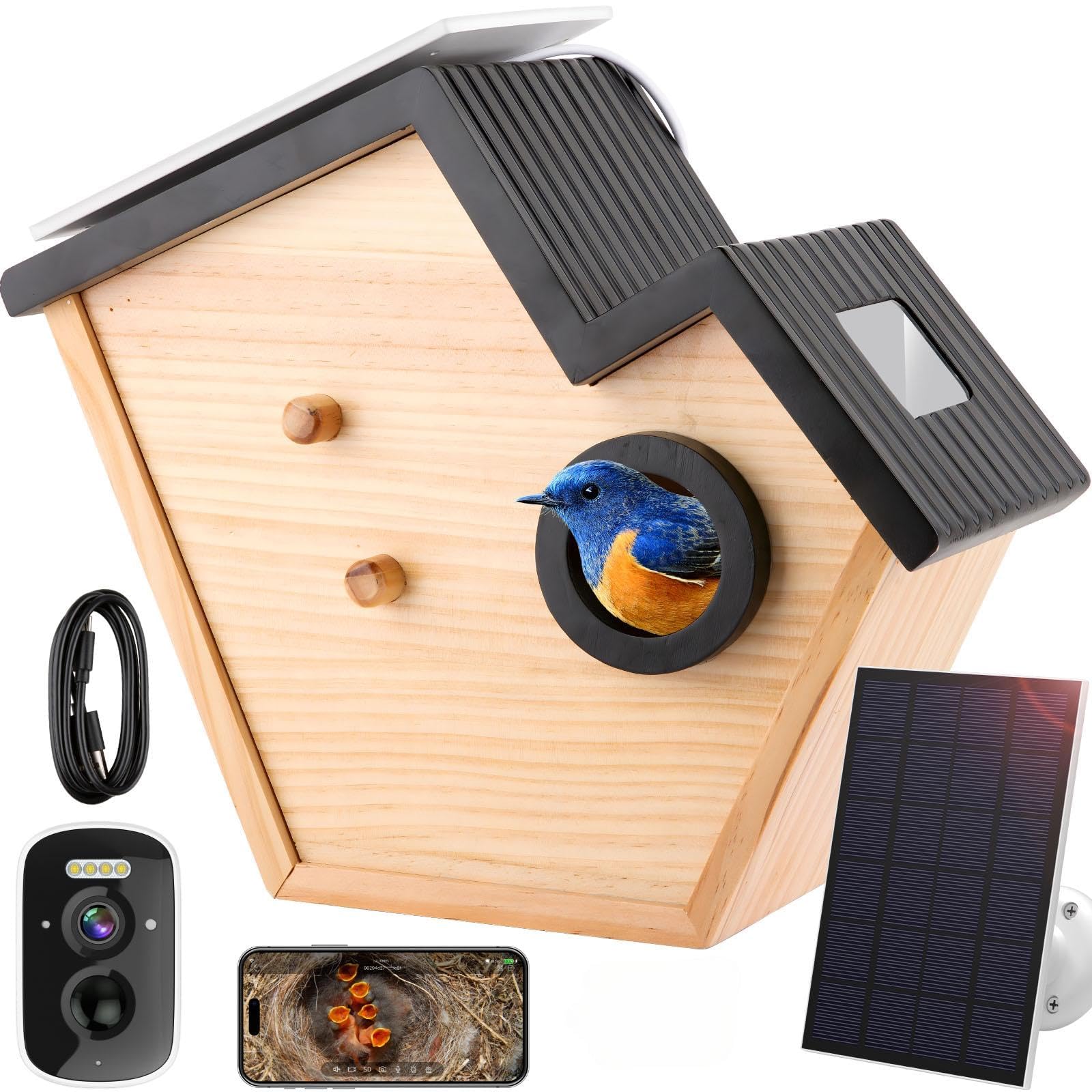 Bird House with Camera,Birdhouses for Outdoors Waterproof Solar Powered, 2K HD AI Camera Recognition for Over 10,000 Species, Real-time Videos & Pictures, Birdhouse Kit for Bird Lovers (Black)