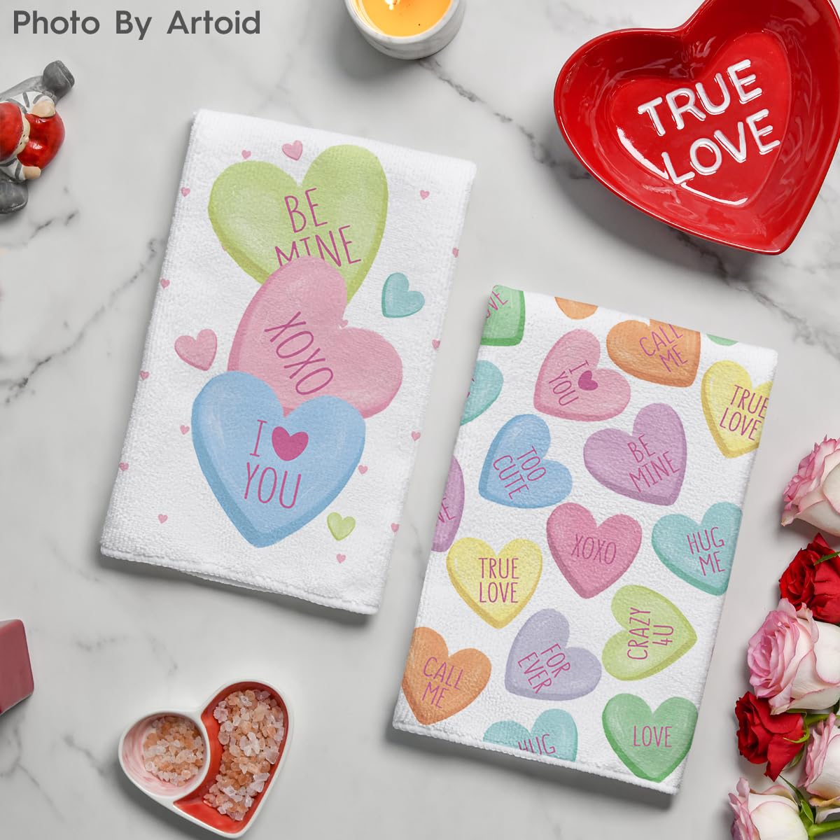 Artoid Mode Pink Heart True Love Forever Valentine's Day Kitchen Towels Dish Towels, 18x26 Inch Anniversary Wedding Decoration Hand Towels Set of 2