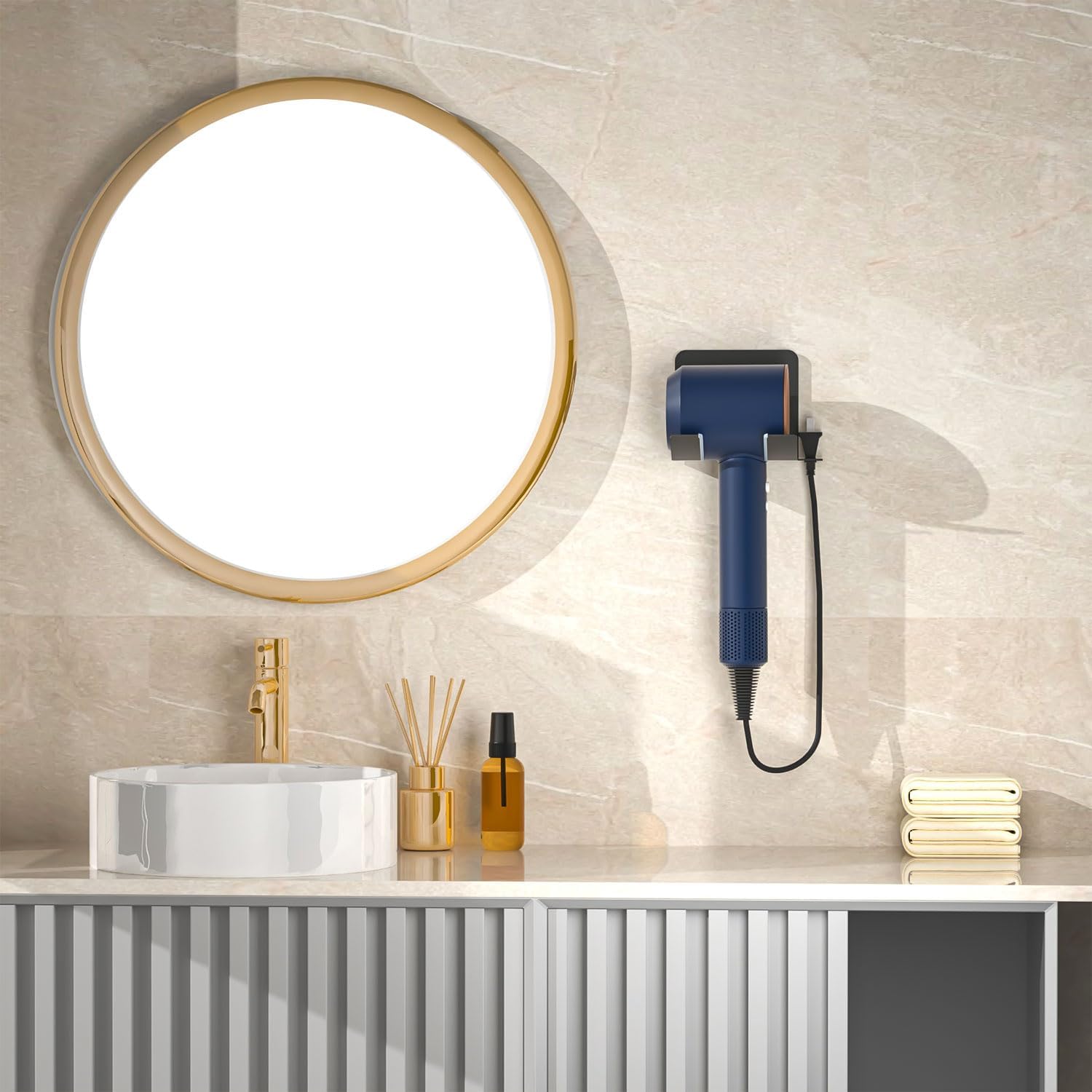 Hair Dryer Holder, Blow Dryer Holder Wall Mounted Hair Tool Organizer Self Adhesive Hair Dryer Holder Wall Mount, Compatible for Dyson Hair Dryer Holder for Bathroom Black PTALSEAW