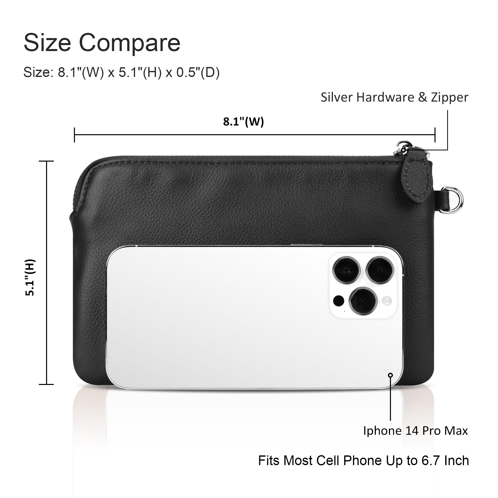 befen Women's Genuine Leather Wristlet Clutch Purse Ladies Slim Corner Zip Wallets, Silver Zipper (A01 Black)