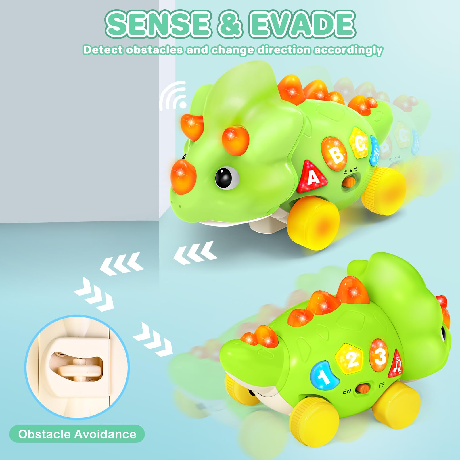 Musical Dinosaur Toys for 1 Year Old Baby - Tummy Time Light up Toys for Newborn Infant, Crawling Toys for 6-12-18 Months Kids, Early Learning Educational Toys and Gifts for 1-3 Year Old Toddlers