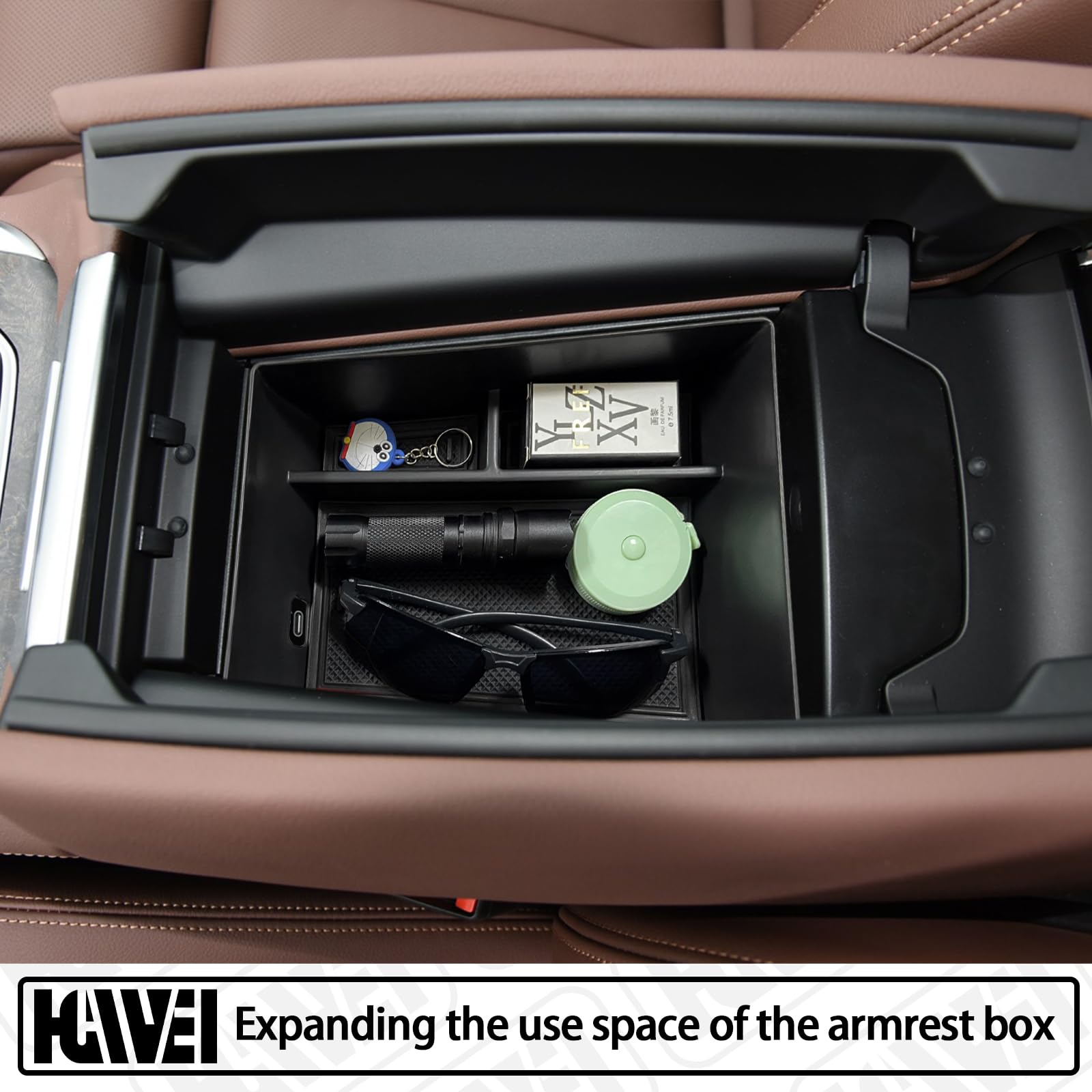 HGWEI Center Console Organizer Compatible with BMW X5/G05 X7/G07 2019-2024, X6/G06 2020-2024 Armrest Storage Box Insert Tray with Rubber Mat, Black
