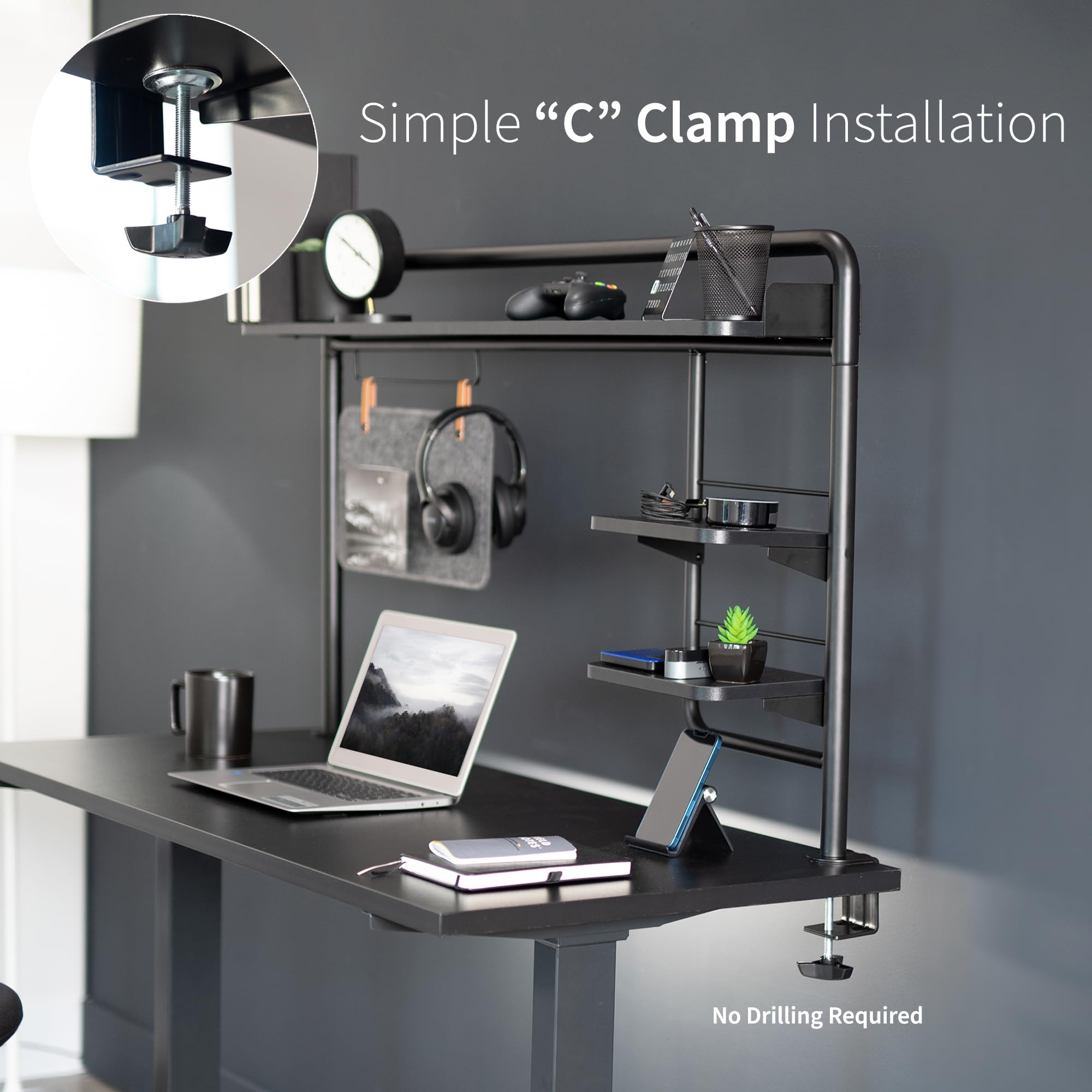 VIVO Clamp-on 50 inch Desktop Shelving System for Sit Stand Workstation, Raised Accessory Storage Shelves and Magnetic Memo Board Desk Organizer, Black, DESK-SHELF55A