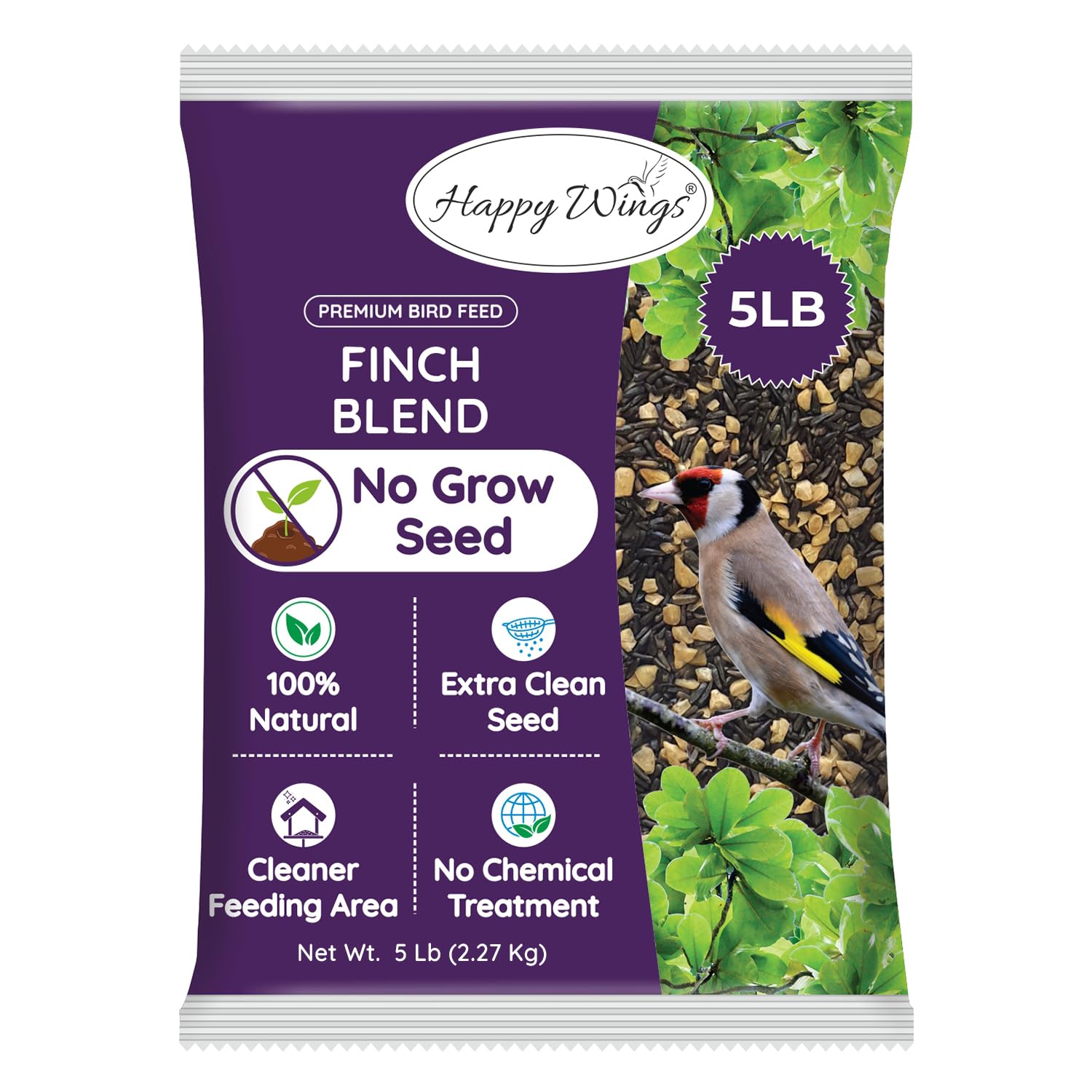 Happy Wings Finch Blend Bird Food - Mix of Sunflower Hearts/Kernels and Nyjer, 5 Pounds - No Grow Seed - For Wild Birds