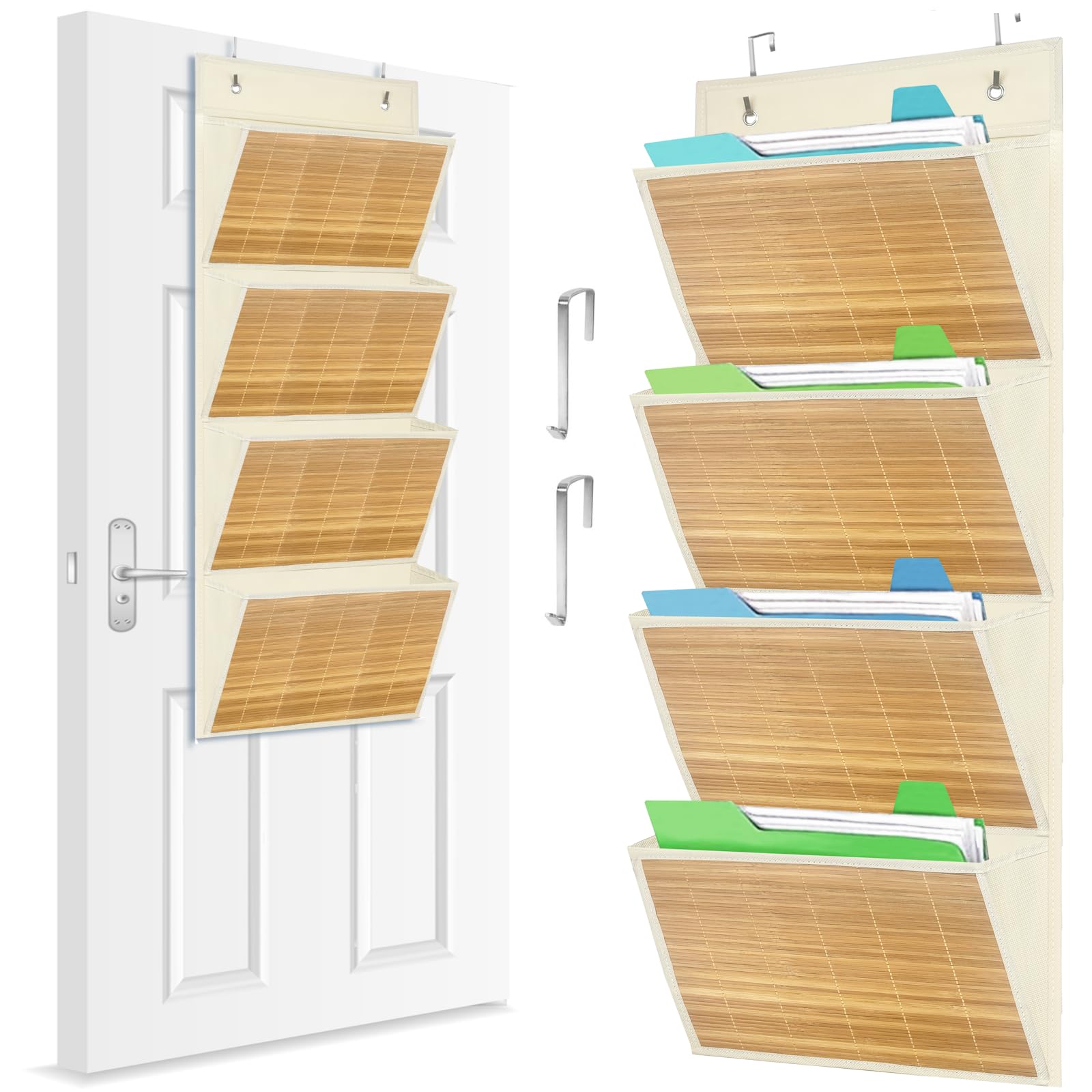 Luxury Over the Door File Organizer with Bamboo Cover – 4 Spacious Pockets for Hanging File Organizer, Premium Hanging Wall File Organizer Folder with Hooks, Ideal for Home Office, Classroom