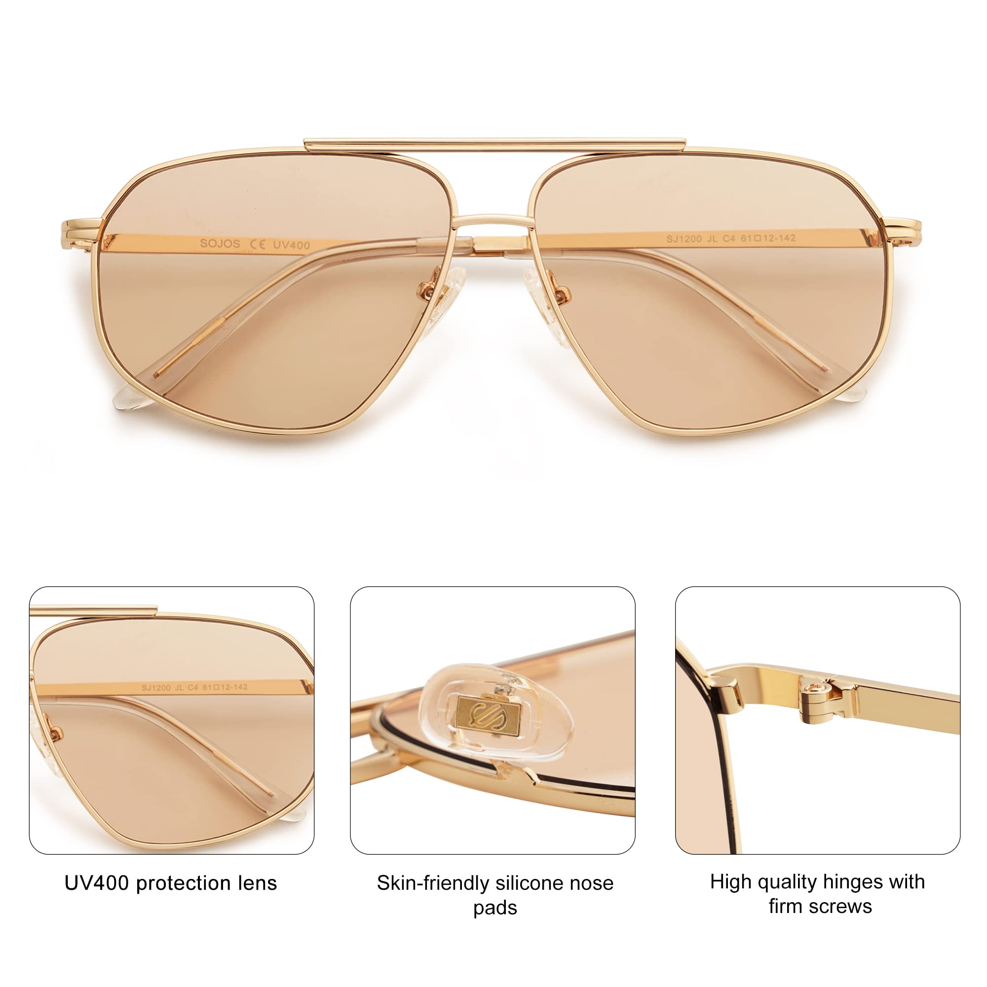 SOJOS Retro Hexagon Aviator Sunglasses for Women Men Trendy Vintage UV400 Protection Shades SJ1200, Gold/Light Brown
