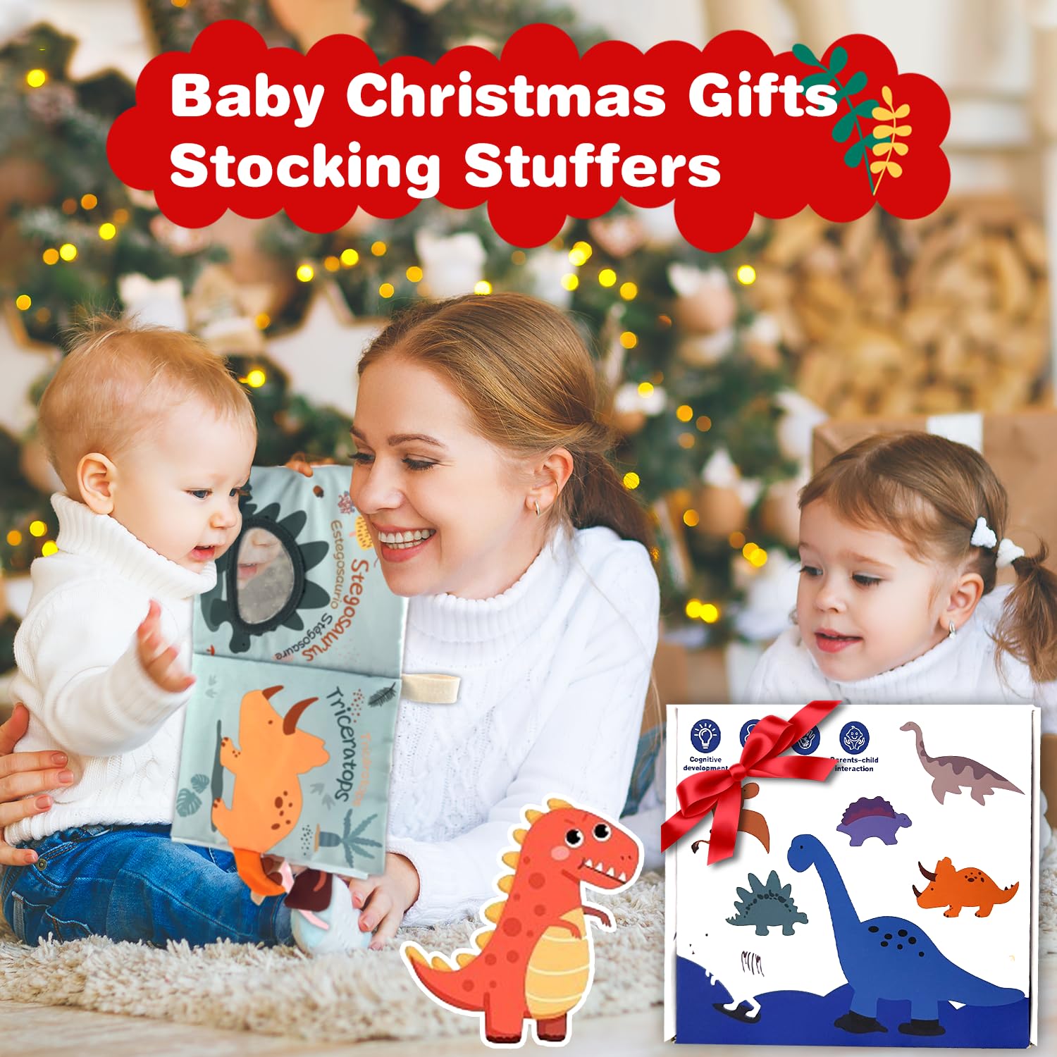 Richgv Baby Books Toys 0-6-12 Months, Baby Boy Girl Gifts Toys 0-6-12 Touch and Feel 3D Books with Dino Doll, Newborn Infant Carseat Toys Teething Toys Christmas Stocking Stuffers for Boys Girls