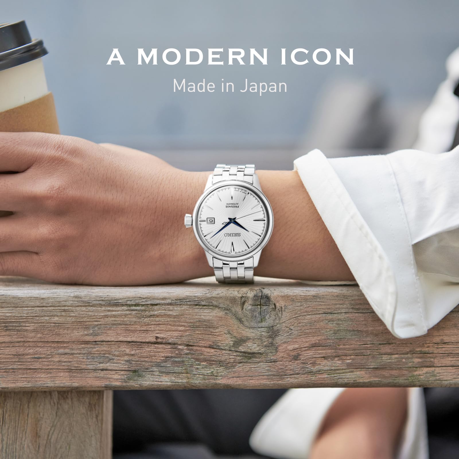 SEIKO SRPB77 Automatic Watch for Men - Presage Cocktail Time - Patterned Silver Dial with Gloss Finish, Date Calendar, 50m Water-Resistant