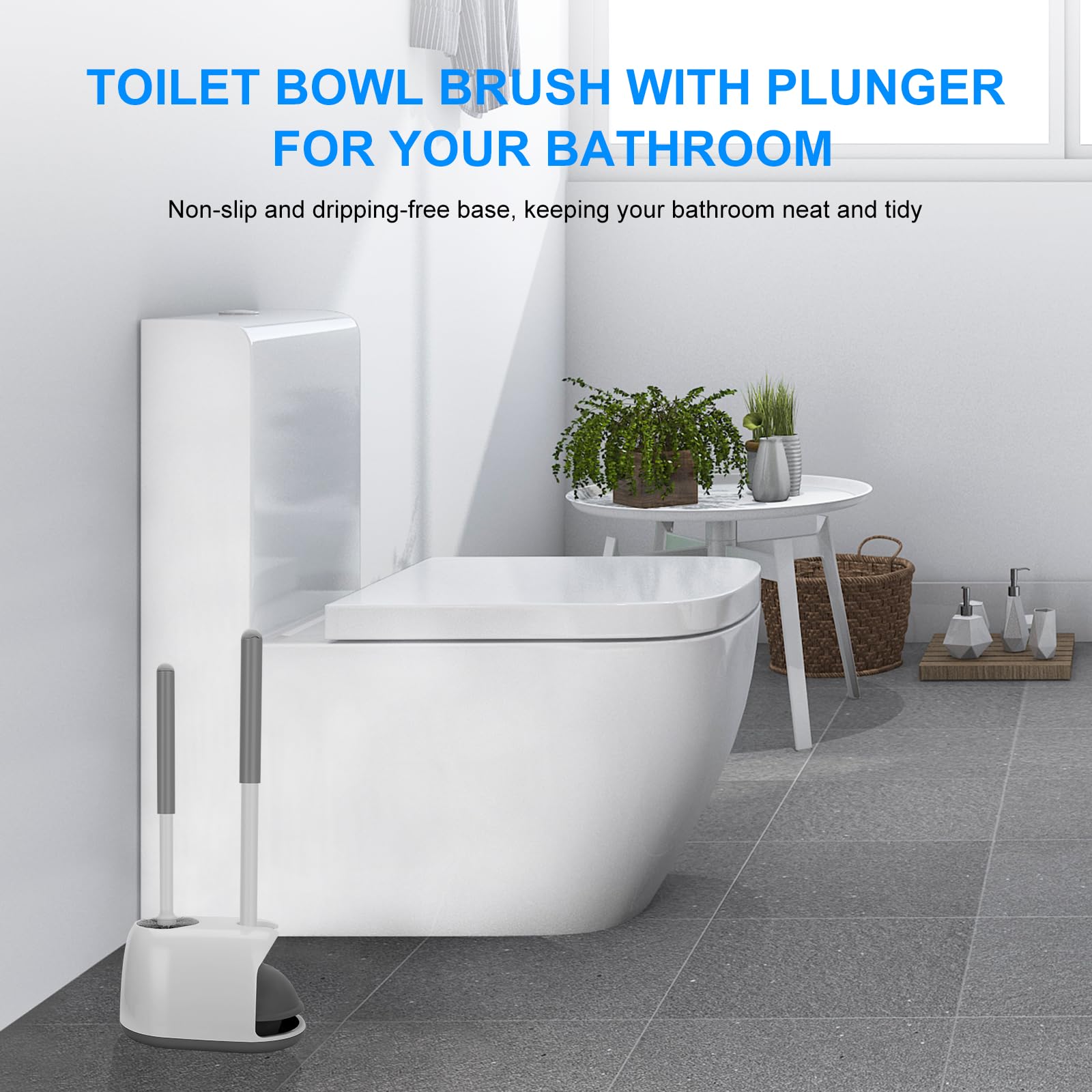 SetSail Toilet Brush and Plunger Set, 3 Pack Toilet Plungers for Bathroom Heavy Duty Toilet Bowl Brush and Holder Hidden Toilet Plunger and Brush Set for Deeply Cleaning - White & Grey