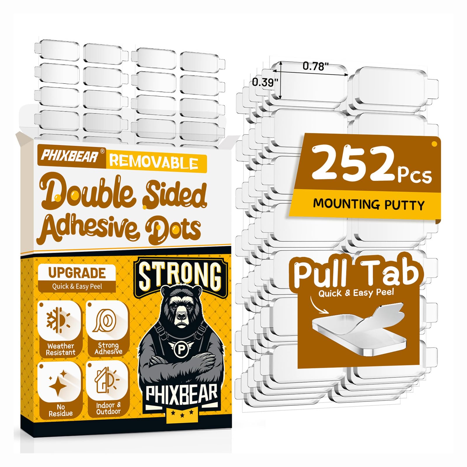 PHIXBEAR Upgraded Large Mounting Putty No Residue with Pull Tab, Double Sided Tape Adhesive Dots Clear Museum Sticky Tack, Picture Hanging Strips Fixed Decor Art Craft Party, 0.39 x 0.78 in (252 Pcs)