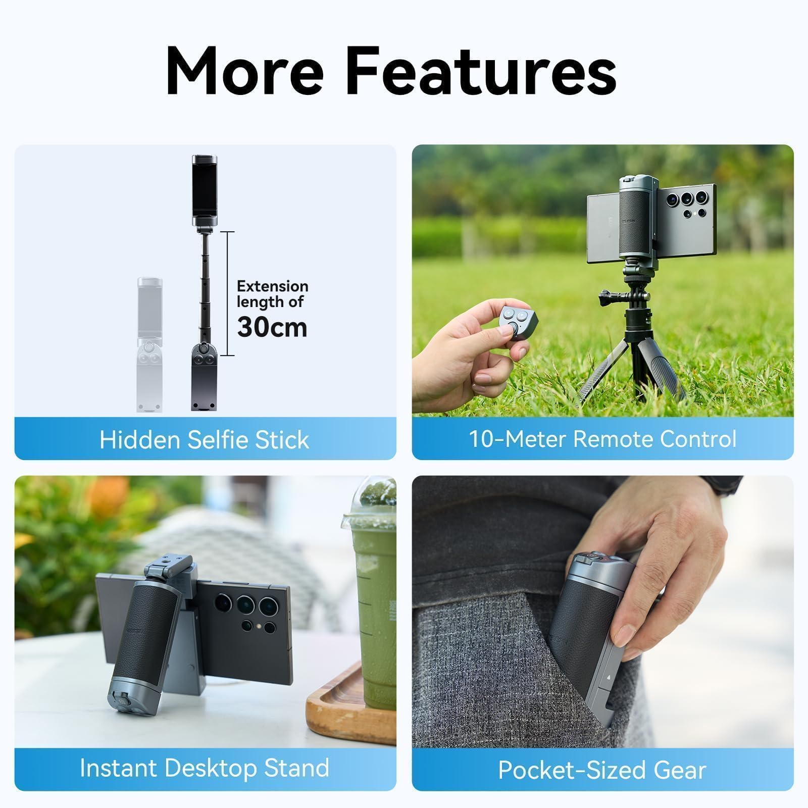 TELESIN° Universal Smartphone Camera Grip with Selfie Stick, Wireless Bluetooth Remote Control One-Handed Quick Zoom and Mode Switching Compatible with Samsung Android Phone Accessories