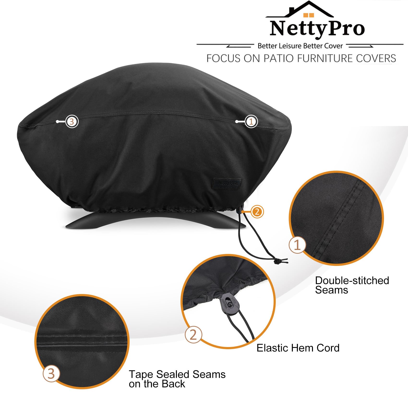 NettyPro Grill Cover for Small Q Series, Waterproof Heavy Duty UV Resistant Portable Grill Cover for Q 1400/1000 Series and Baby Q Gas, Black