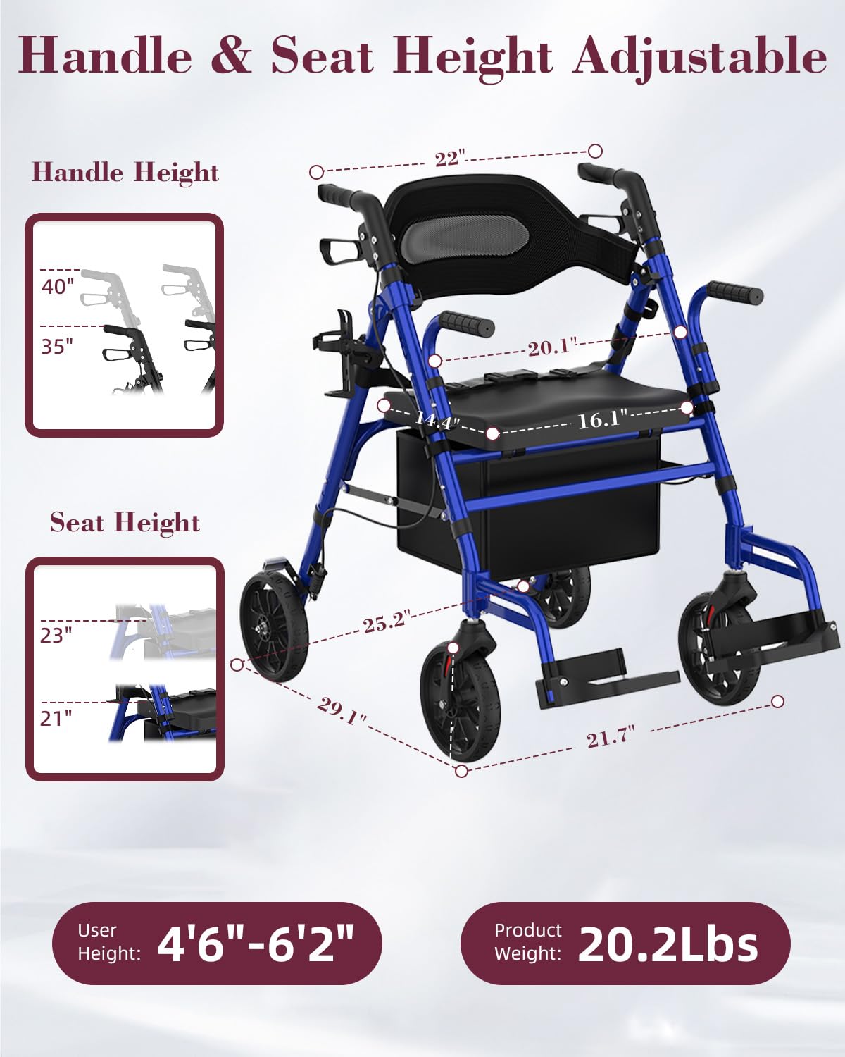 Fvzzin Walkers for Seniors with Seat, Extra Wide 2 in 1 Rollator Walker & Transport Chair with Reversible Backrest & Detachable Footrests, Foldable Wheelchair Combo with 8" Anti-Slip PU Wheels, Blue
