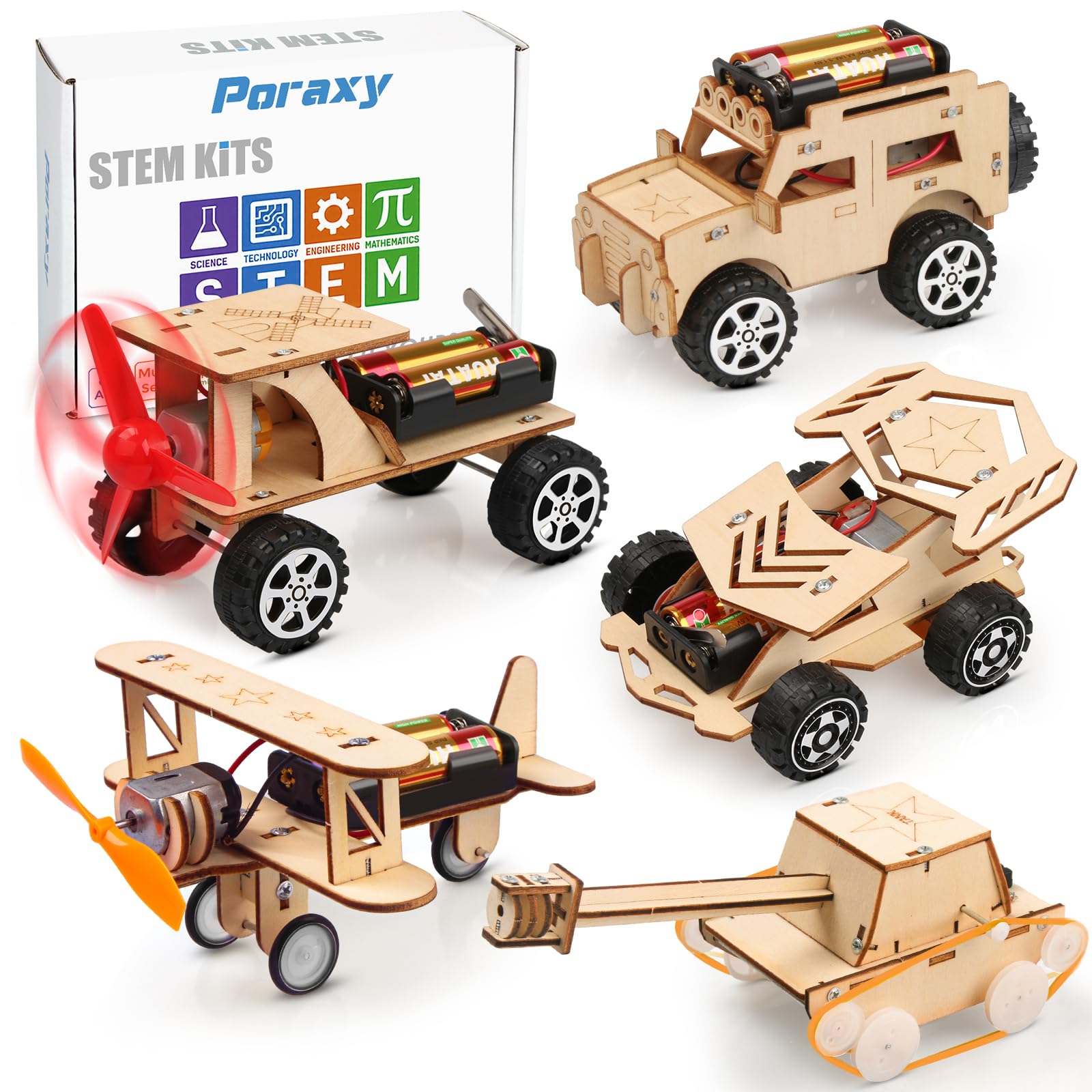 Poraxy 5 in 1 STEM Kits for Kids Age 8-10, Science Building Project Craft for 8-13, Model Car Kit, STEM Toys for Boys Girls Age 8-12, Wooden 3D Puzzles, Birthday Gifts for 6 7 8 9 10 11 12 13 Year Old