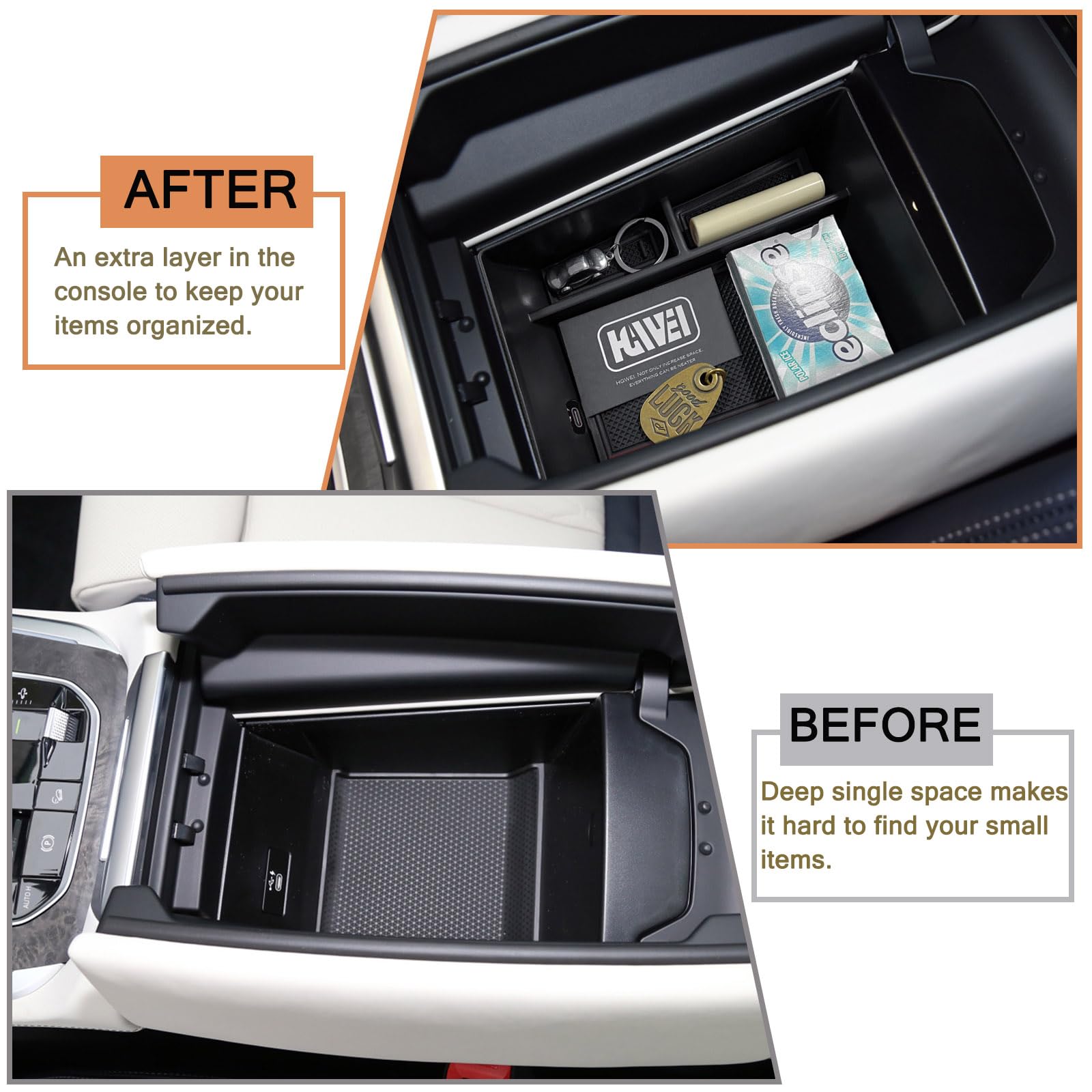 HGWEI Center Console Organizer Compatible with BMW X5/G05 X7/G07 2019-2024, X6/G06 2020-2024 Armrest Storage Box Insert Tray with Rubber Mat, Black