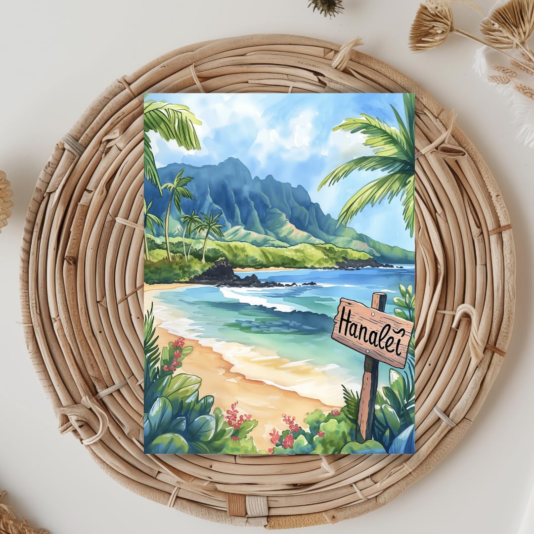 5x7 Hanalei Bay Watercolor Print, Hawaiian Tropical Beach Art, Kauai Decor, UNFRAMED