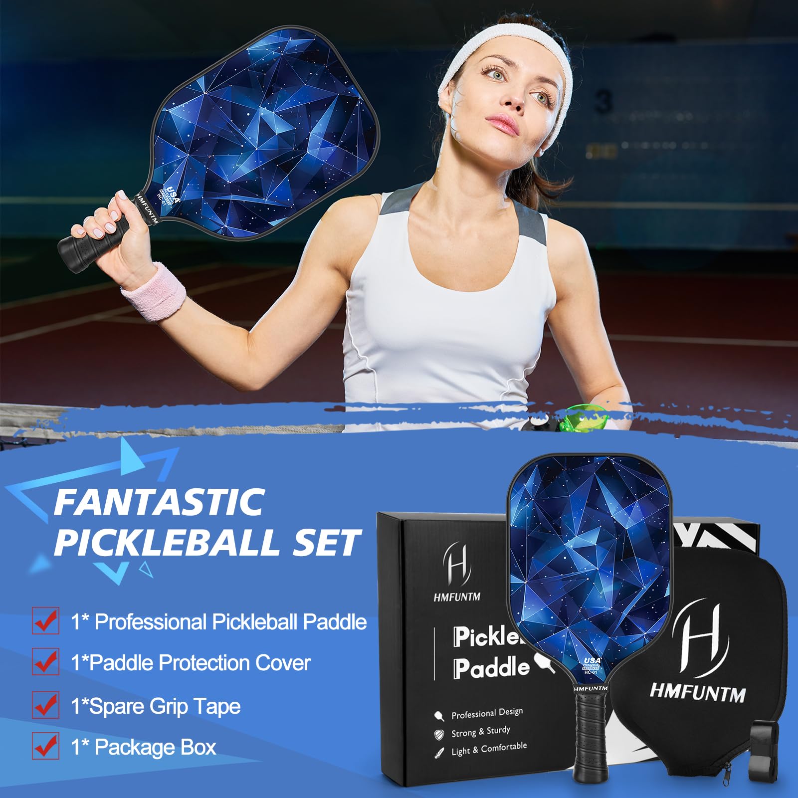 HMFUNTM Pro Carbon Fiber Pickleball Paddle, Professional Pickleball Paddles with Grit Texture for Increased Spin, Power, Control, Lightweight Pickleball Racket with Paddle Cover, USAPA Standard, Blue