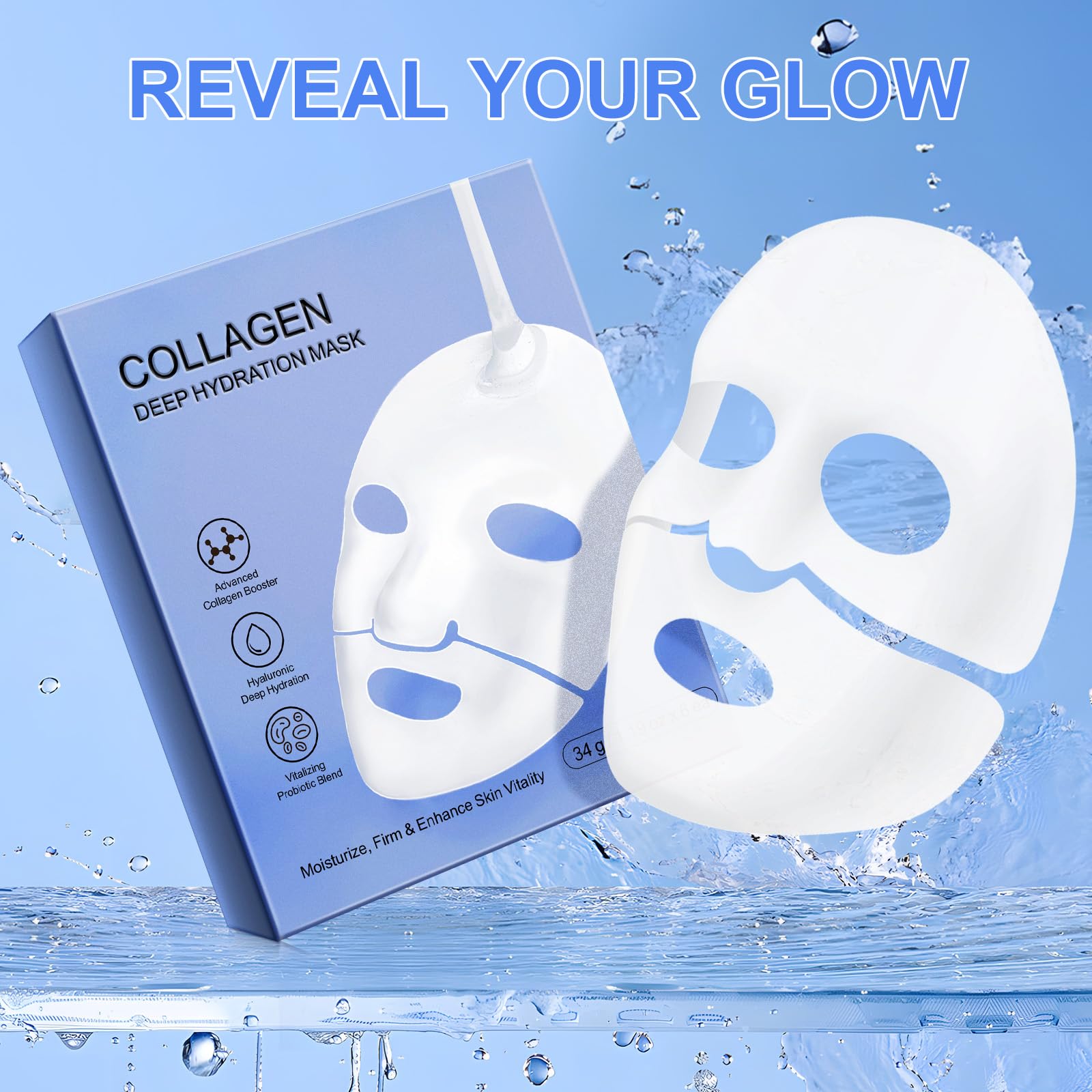 Ruduwu Collagen Face Mask,Firming Collagen Mask with Collagen Peptides for Anti-Aging, Facial Hydrogel Masks with low molecular weight collagen for elasticity and moisturizing