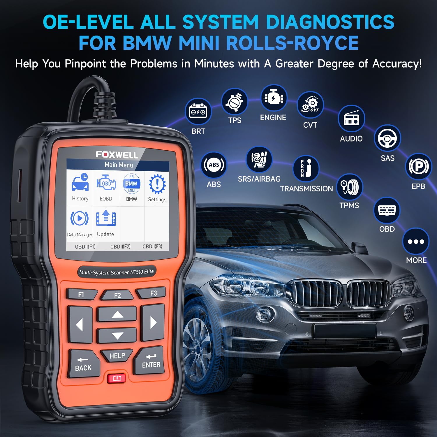 FOXWELL NT510 Elite Scan Tool fit for BMW Scanner Full Diagnostic Tool OBD2 Scanner, All System Bi-Directional Control Code Reader with All Reset Services, Battery Registration Tool fit for BMW Mini