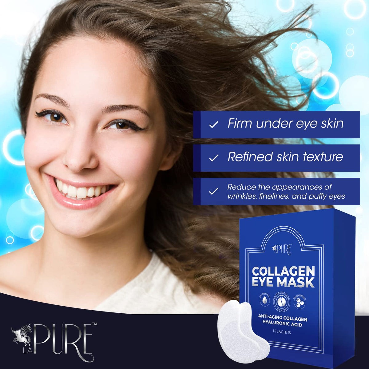 LA PURE Collagen Boosting Eye Mask Patches Under Eye Patches for Puffy Eyes Hyaluronic Acid Dark Circles Bags Lines Anti Wrinkles Anti Aging Hydrating Moisturizing Brightening Eye Gels 15ct