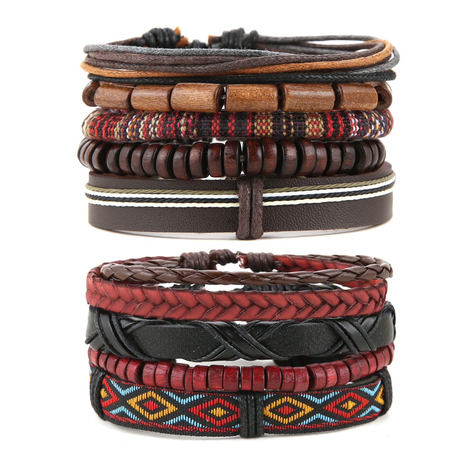 HZMAN 2Pcs Handmade Braided Leather Bracelet for Men Women Bohemian Ethnic Tribal Multilayer Hemp Rope Wristbands Wrap Cuff Bracelet Jewelry Gift