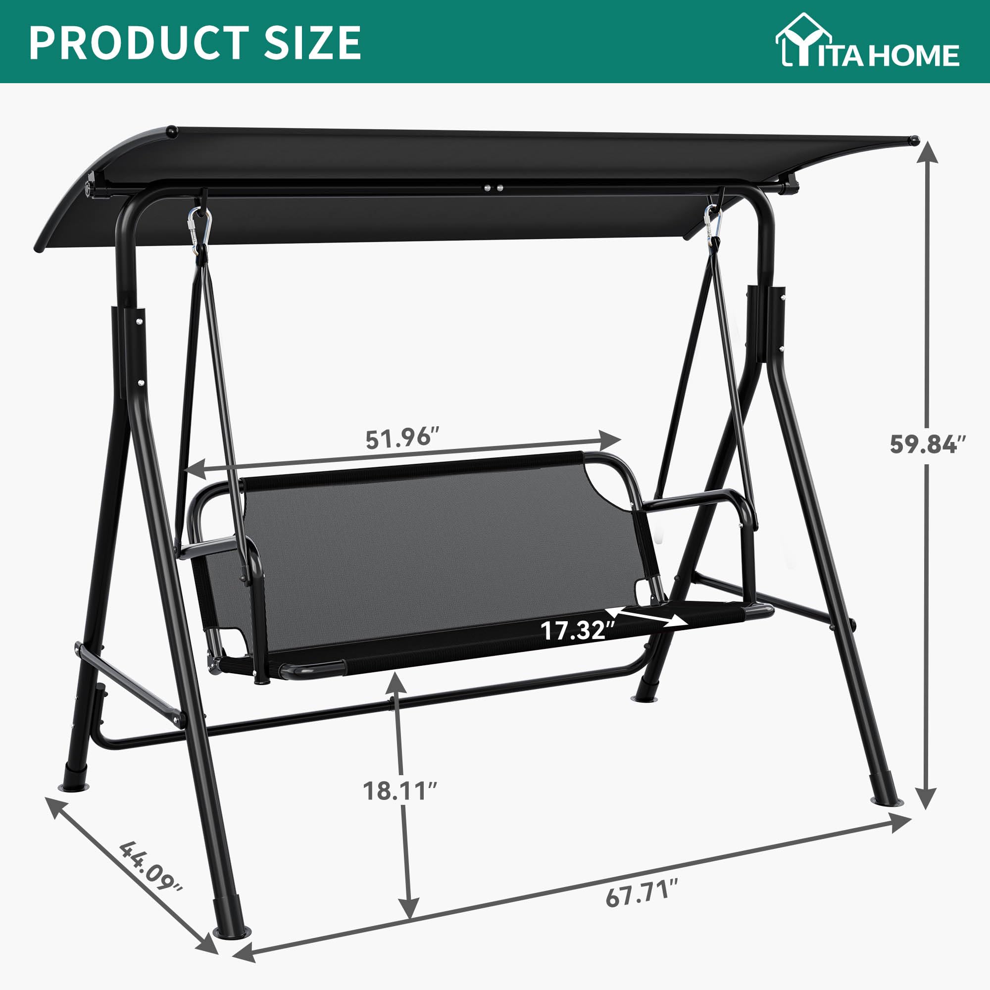 YITAHOME 3 Person Porch Swing Heavy Duty Outdoor Patio Swing Chair with Adjustable Canopy Weather Resistant Steel Frame for Garden, Lawn, Balcony, Black