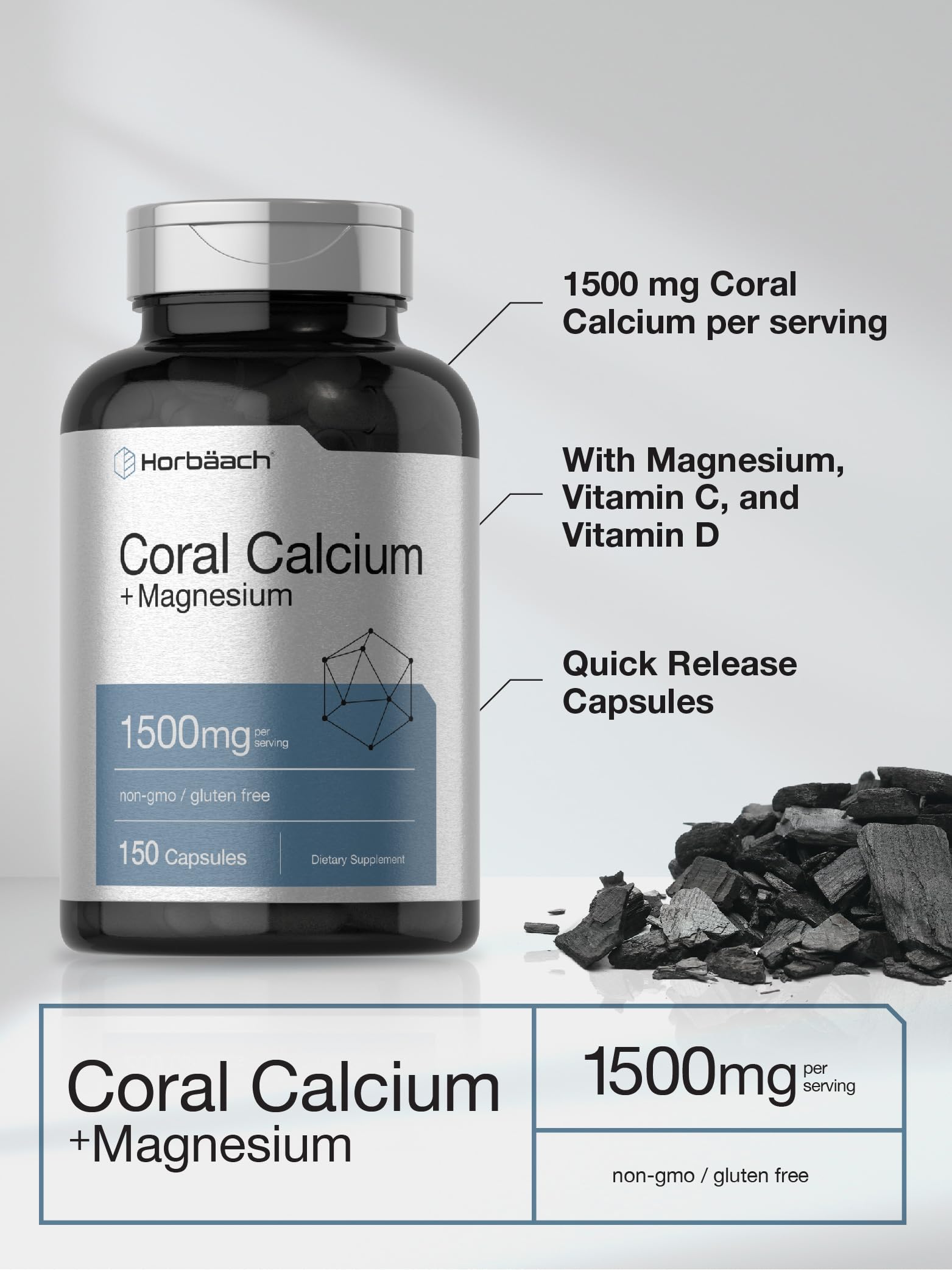 Horbäach Coral Calcium 1500mg 150 Capsules | Plus Magnesium | Non-GMO, Gluten Free Supplement