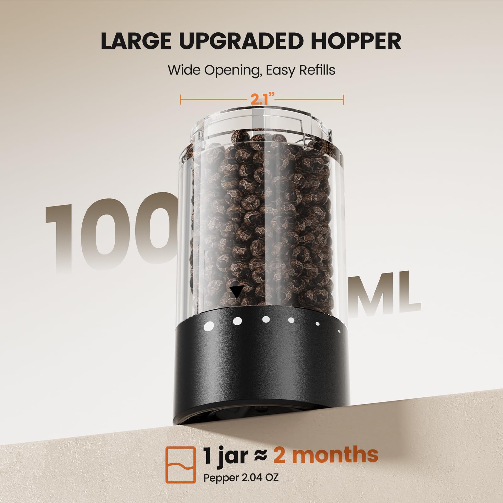 Electric Salt and Pepper Grinder Set - Rechargeable Automatic Salt and Pepper Shakers, Kitchen Appliances with External Adjustable Coarseness, Larger Hopper for Cooking, Home Gifts(2 Pack,Black/Black)