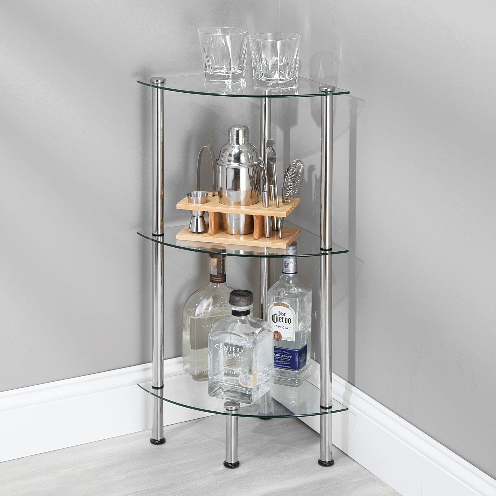 mDesign Modern Glass Corner 3-Tier Storage Organizer Tower Cabinet with Open Shelves - Household Furniture for Bathroom, Office, Bedroom, Living Room - Holds Books, Plants, Candles - Chrome/Clear