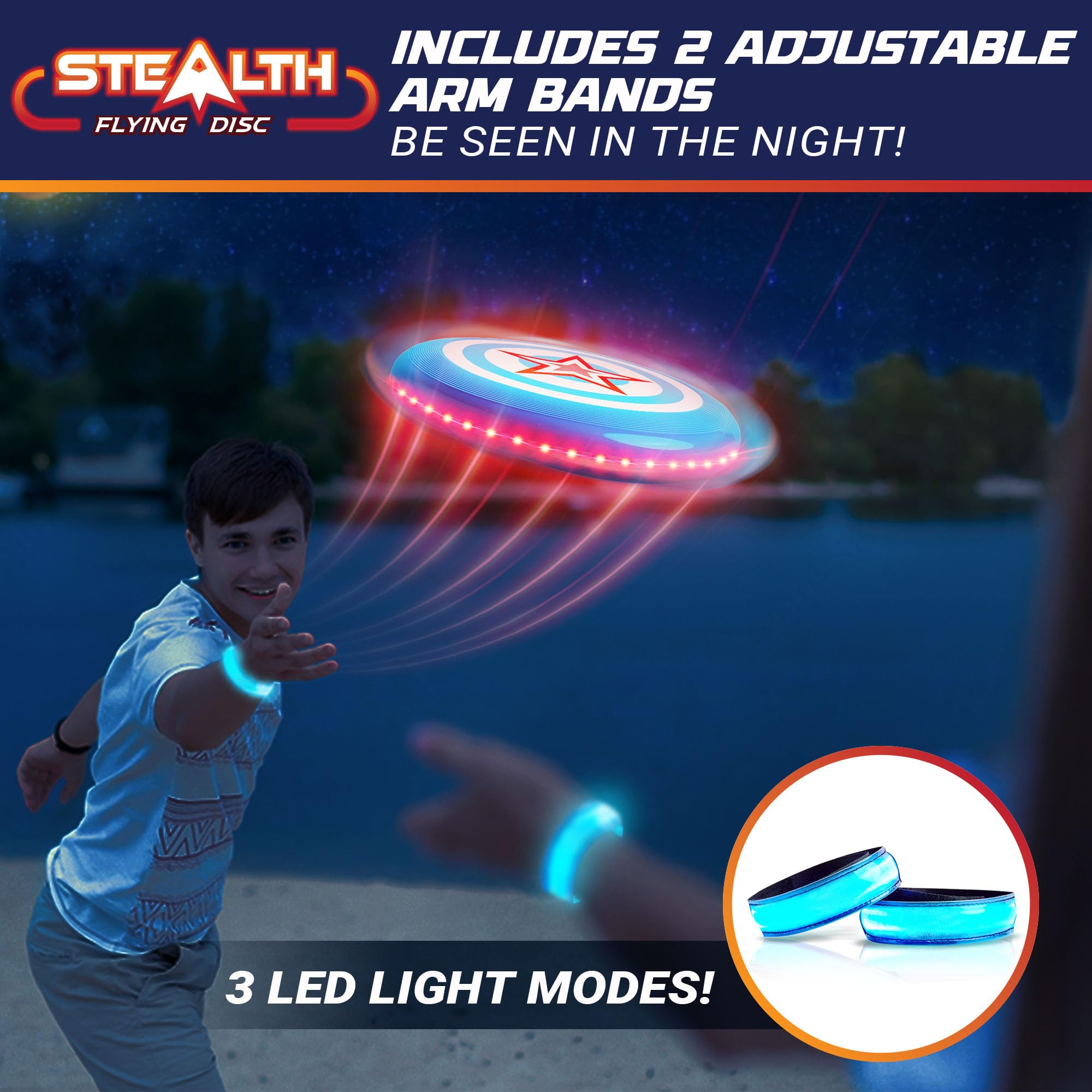 USA Toyz Stealth LED Flying Disc- Light Up Disc for Adults and Kids, 49 LEDs Glow in The Dark Disk, 2 LED Arm Bands, Sport Golf Ultimate Disc Outdoor Game Set, Waterproof Glow Hover Discs (Red/Blue)