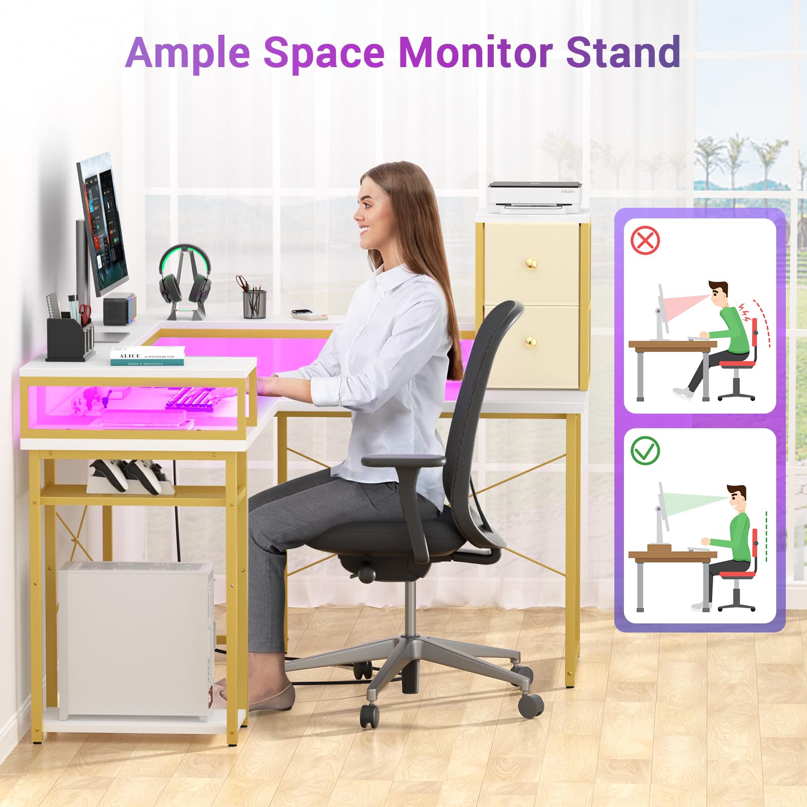 armocity L Shaped Desk with Drawers, Reversible Corner Computer Desk with LED Light & Power Outlet, 55.2'' L-Shaped Gaming Desk with Long Monitor Shelf, Home Office Desk for Small Corner Space, White