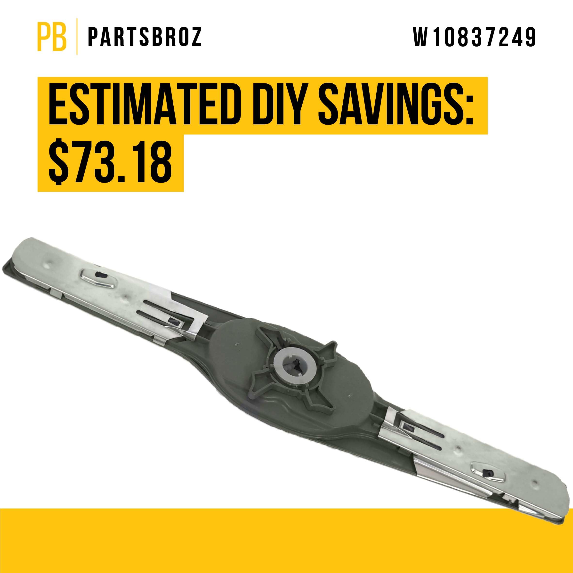 PartsBroz W10837249 Lower Spray Arm - Compatible With Whirlpool Dishwasher - Replaces AP5988717 4363314 PS11727921 W10629546 W10838302 WDT970SAHZ0 WDT750SAHZ0 WDTA50SAHZ0 WDT750SAHV0 WDT970SAHV0