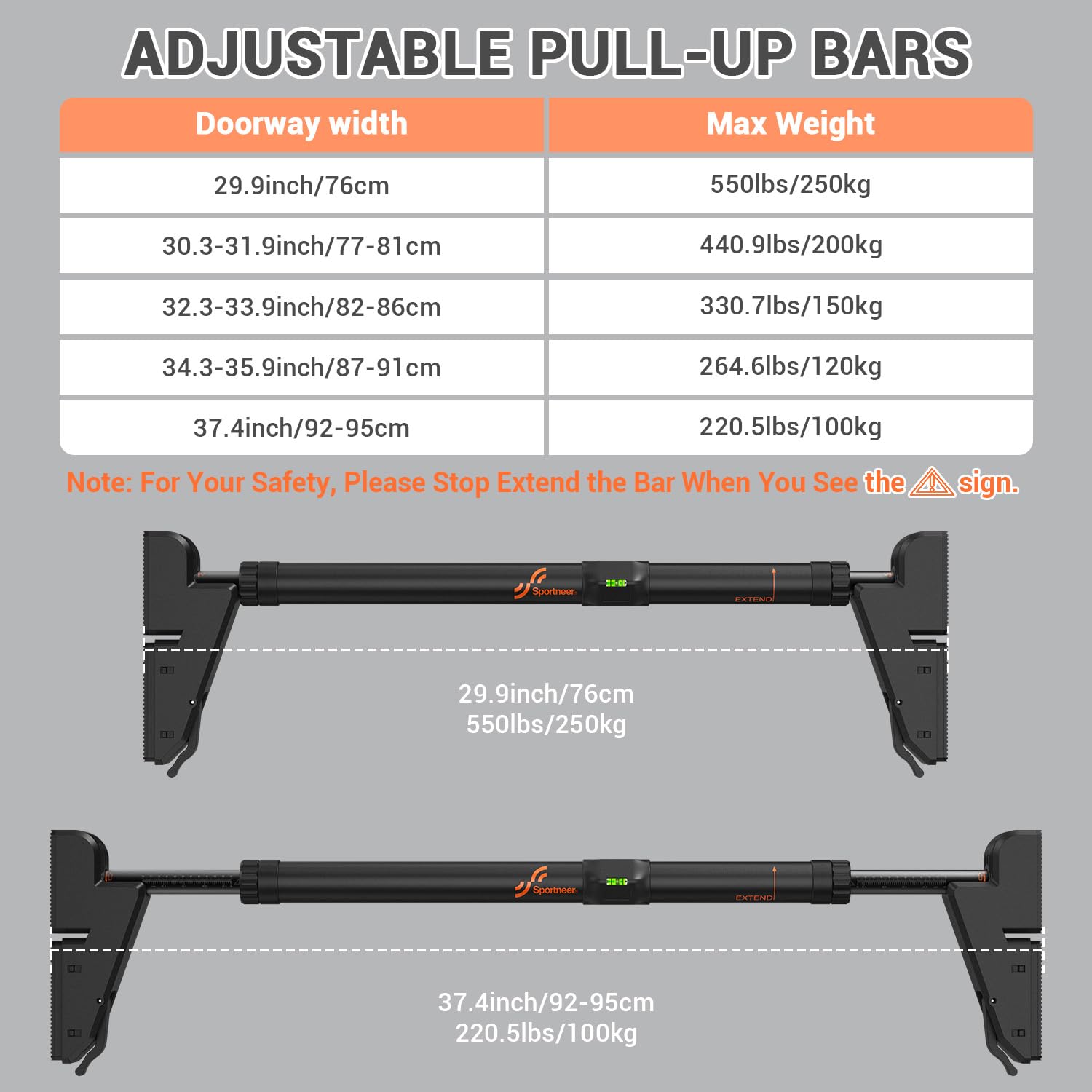 Sportneer Pull Up Bar: Adjustable Width Locking Mechanism Chin up Bar without Screws - Strength Training Pull-up Bar for Doorway with Non-slip Comfort for Home Gym Upper Body Workout