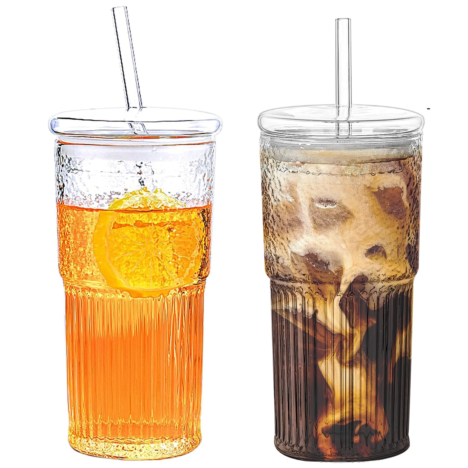 2PCS Glass Cups with Lids and Glass Straws, 20OZ Iced Coffee Cups, Home Essential and Coffee Bar Accessories Borosilicate Glass Tumblers with Lid and Straw for Beer, Cocktail, Tea and Latte, Clear