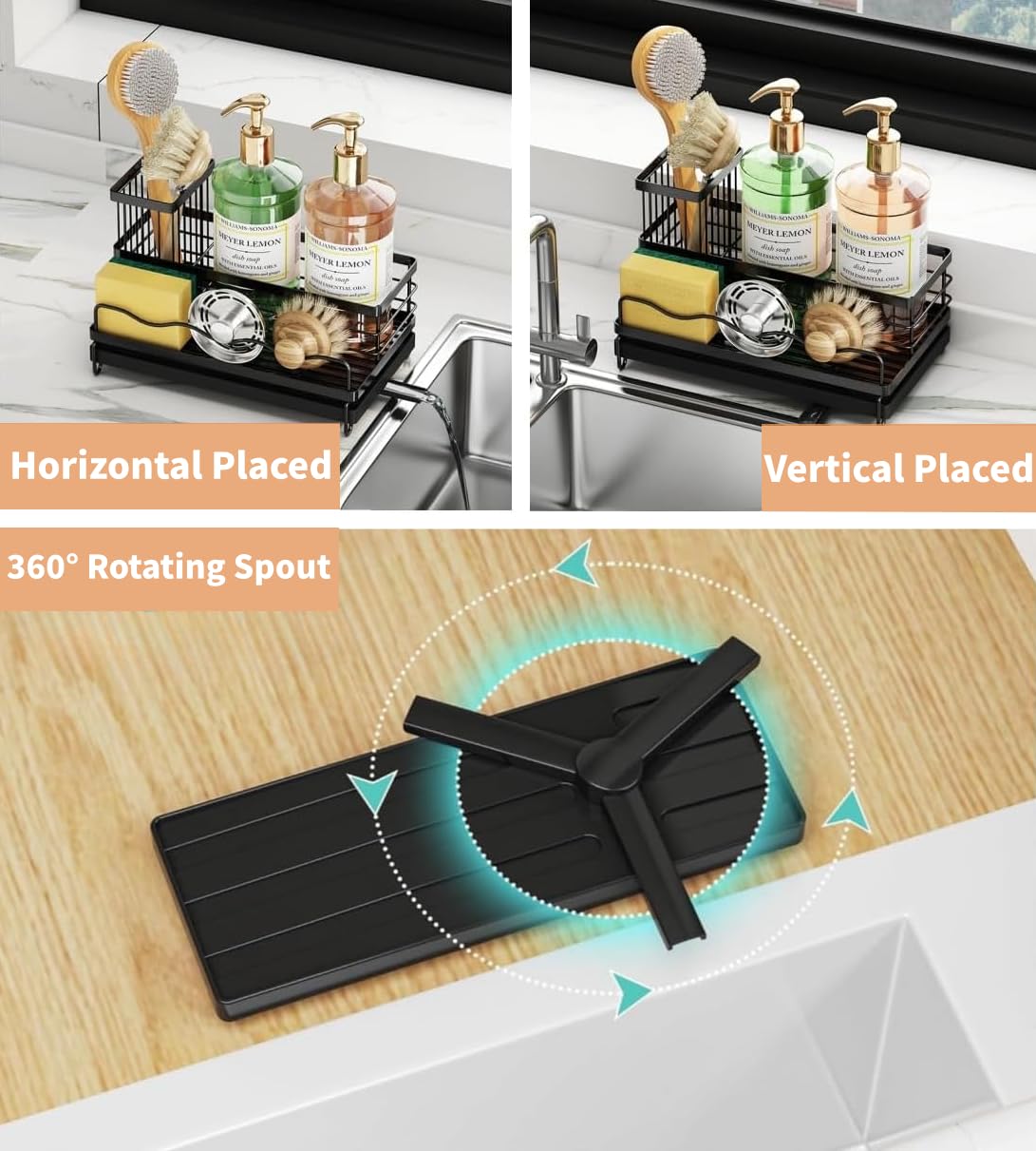 DMJWAN Sink Caddy Kitchen Sink Organizer, 304 Stainless Steel Holder for Sink,Countertop with Removable Drain Tray with Diversion Drainage.