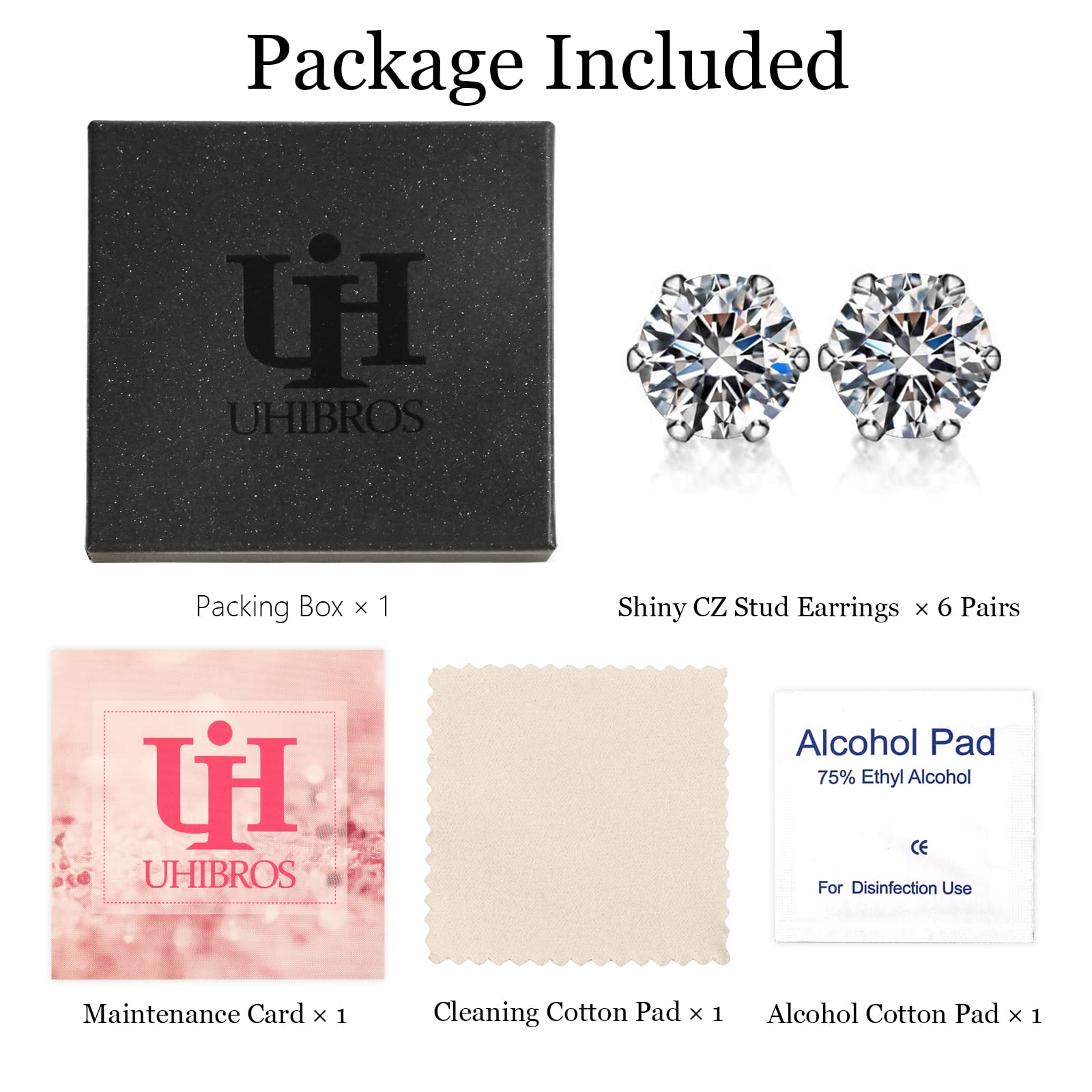 UHIBROS 6 Pairs Stainless Steel Stud Earrings Set Hypoallergenic Cubic Zirconia 14K White Gold 316L CZ Earrings