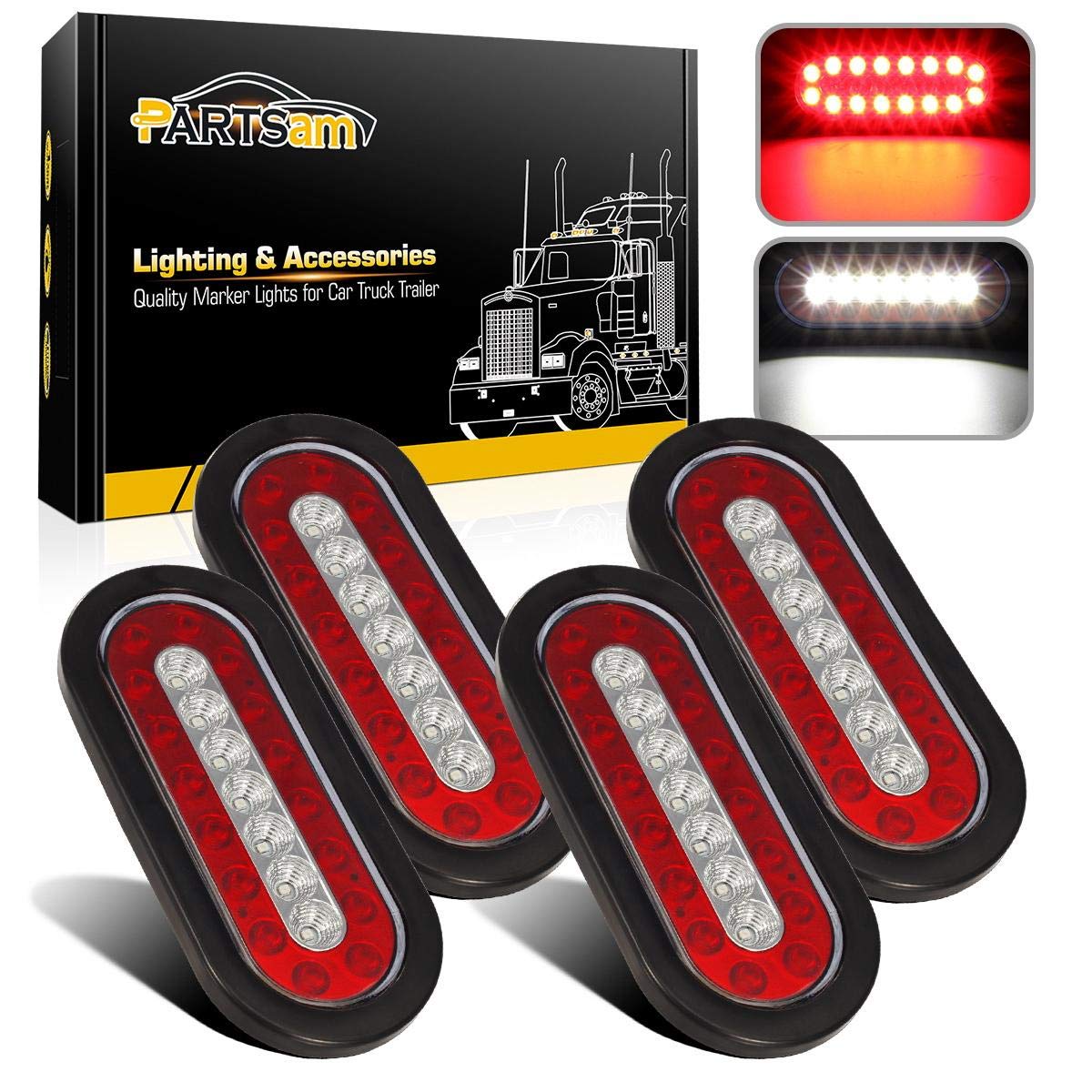 Partsam 4Pcs 6.3" Inch Oval Led Trailer Taillights Stop Brake Lights Running Red and White Backup and Reverse Lights, Sealed 6.3 inch Oval led Trailer Lights Kit Grommet Mount for RV Trucks