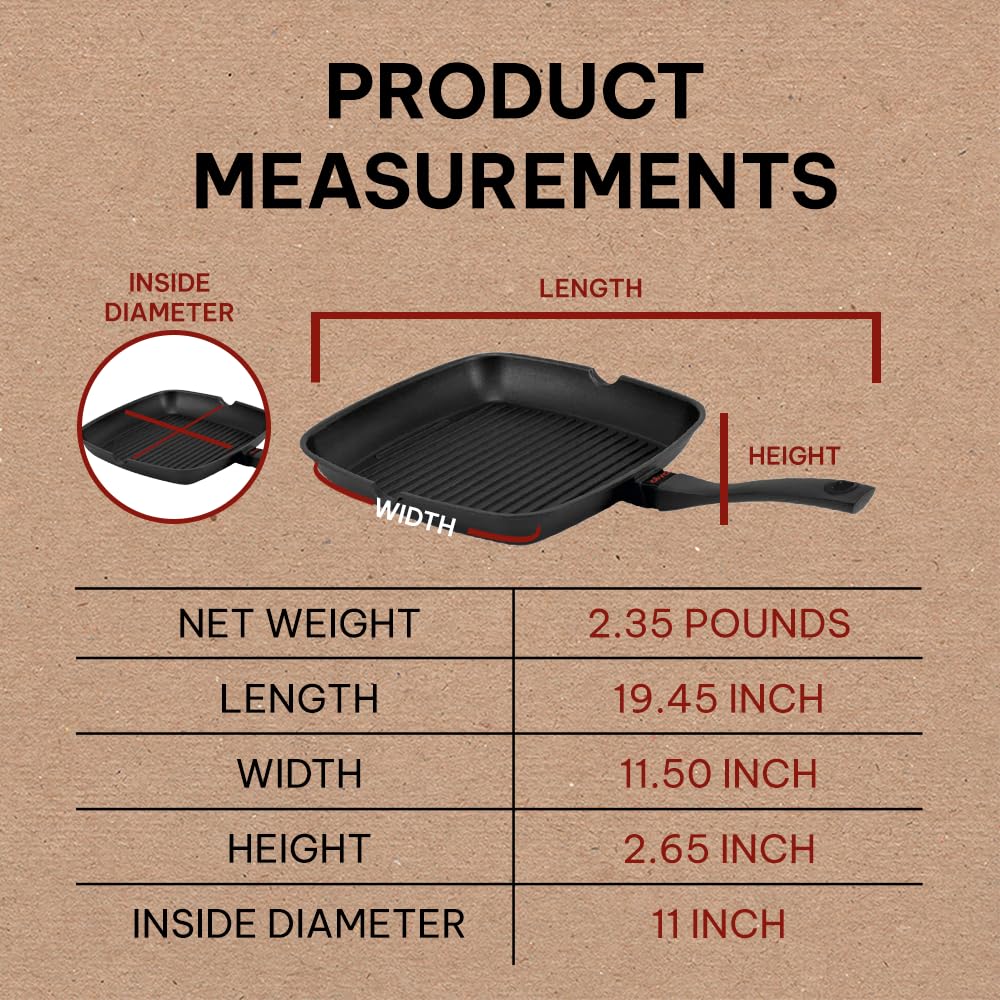 Alva Energy 11 Inch Ceramic Coated Cast Aluminum Grill Pan Nonstick Easy Clean Even Heating with Grill Marks Fat Drainage Lightweight Sturdy Indoor Oven Induction Cooking Stay Cool Balanced Handles