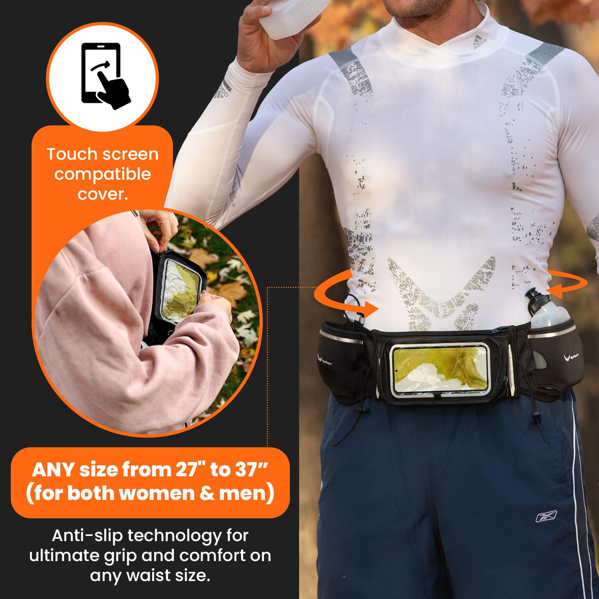 No.1 Hydration Belt by Runtasty - Premium Running Fuel Belt w/2 BPA-Free 10 oz Water Bottles, Tilt-Up Pocket w/Touchscreen-Ready Cover - Fits All iPhones, Runners Ebook & No-Bounce Design